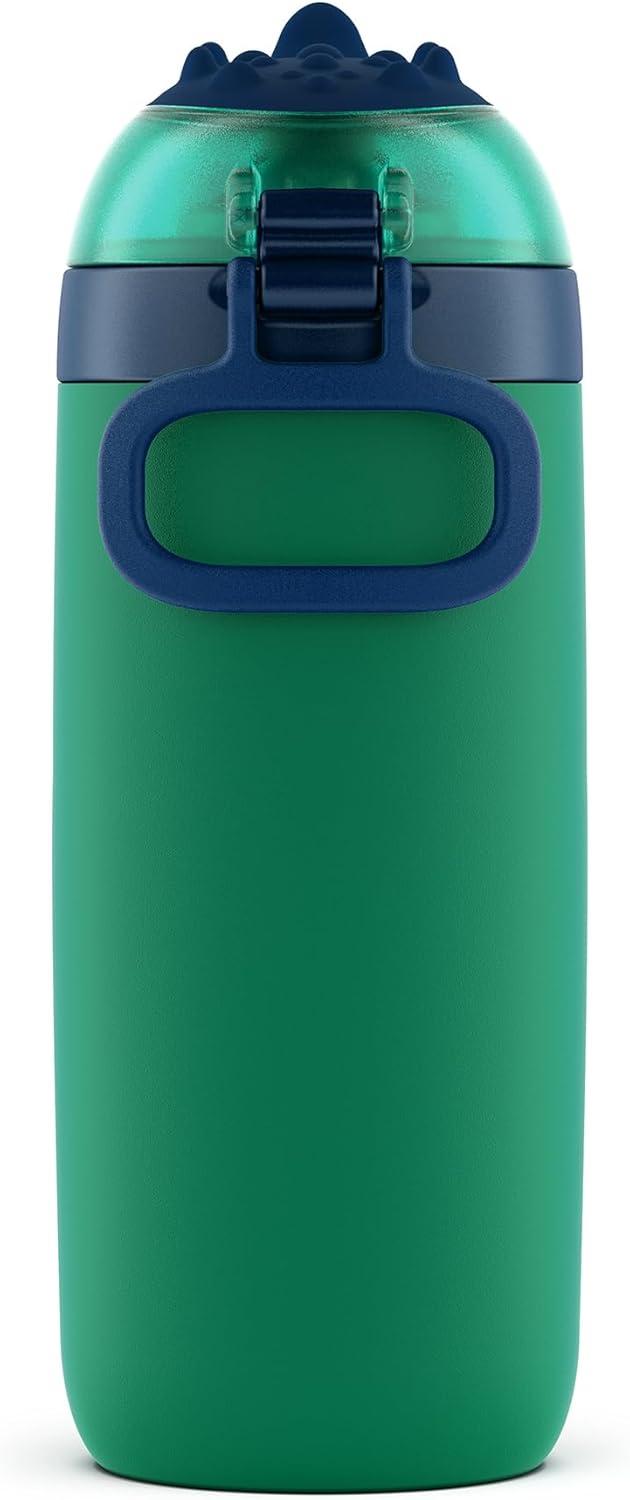 imageEllo Ellies 12oz Vacuum Insulated Stainless Steel Kids Water Bottle with Straw and Builtin Carrying Handle and LeakProof Locking Lid for School Backpack Lunchbox and Outdoor Sports CatDino