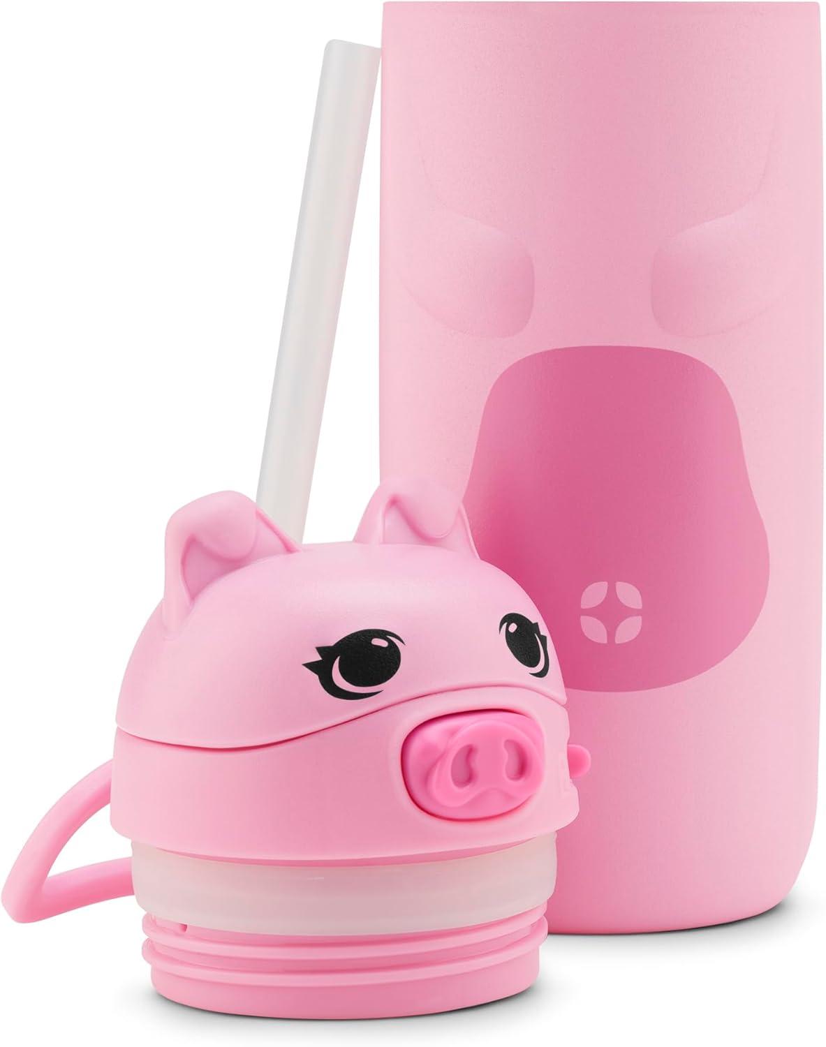 imageEllo Ellies 12oz Vacuum Insulated Stainless Steel Kids Water Bottle with Straw and Builtin Carrying Handle and LeakProof Locking Lid for School Backpack Lunchbox and Outdoor Sports CatPig