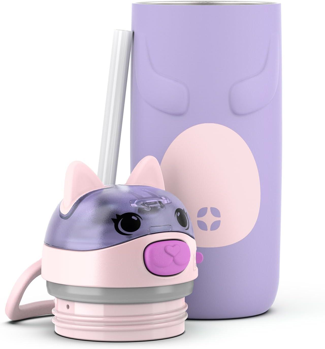 imageEllo Ellies 12oz Vacuum Insulated Stainless Steel Kids Water Bottle with Straw and Builtin Carrying Handle and LeakProof Locking Lid for School Backpack Lunchbox and Outdoor Sports CatCat