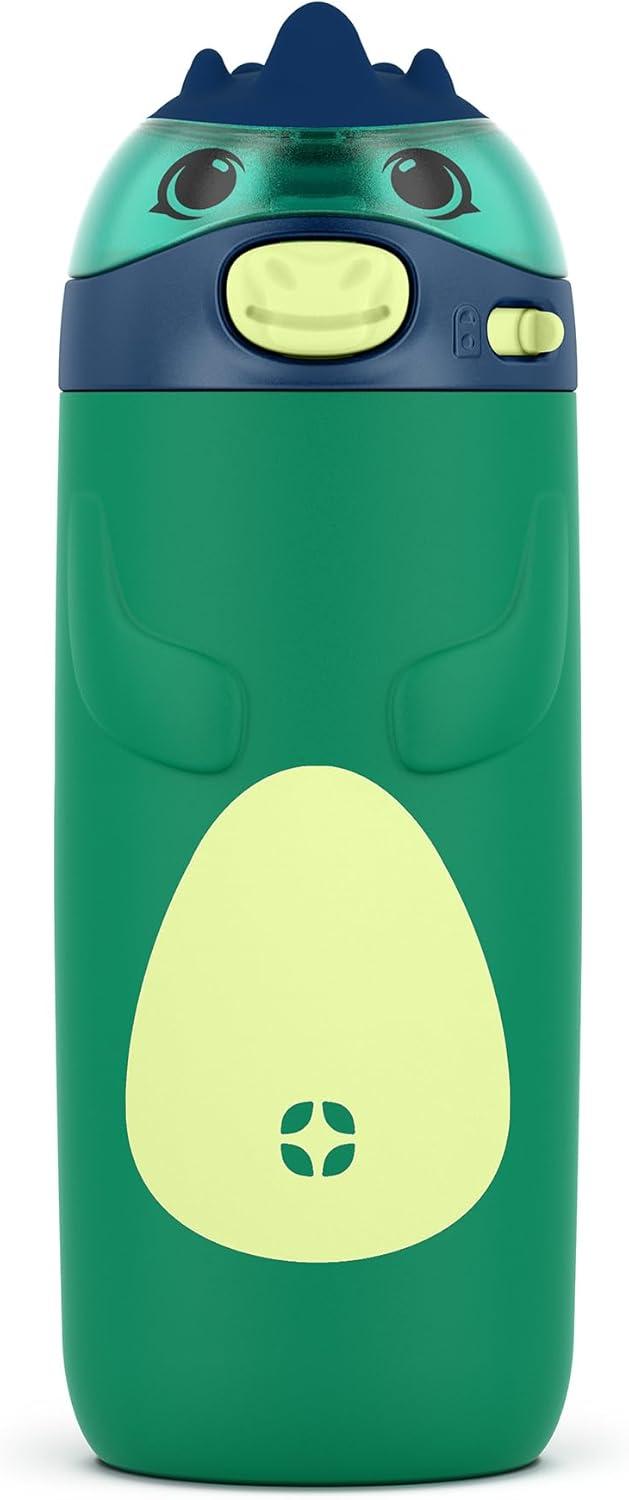 imageEllo Ellies 12oz Vacuum Insulated Stainless Steel Kids Water Bottle with Straw and Builtin Carrying Handle and LeakProof Locking Lid for School Backpack Lunchbox and Outdoor Sports CatDino