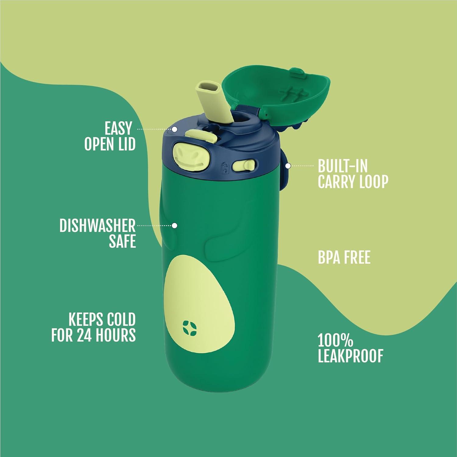 imageEllo Ellies 12oz Vacuum Insulated Stainless Steel Kids Water Bottle with Straw and Builtin Carrying Handle and LeakProof Locking Lid for School Backpack Lunchbox and Outdoor Sports CatDino