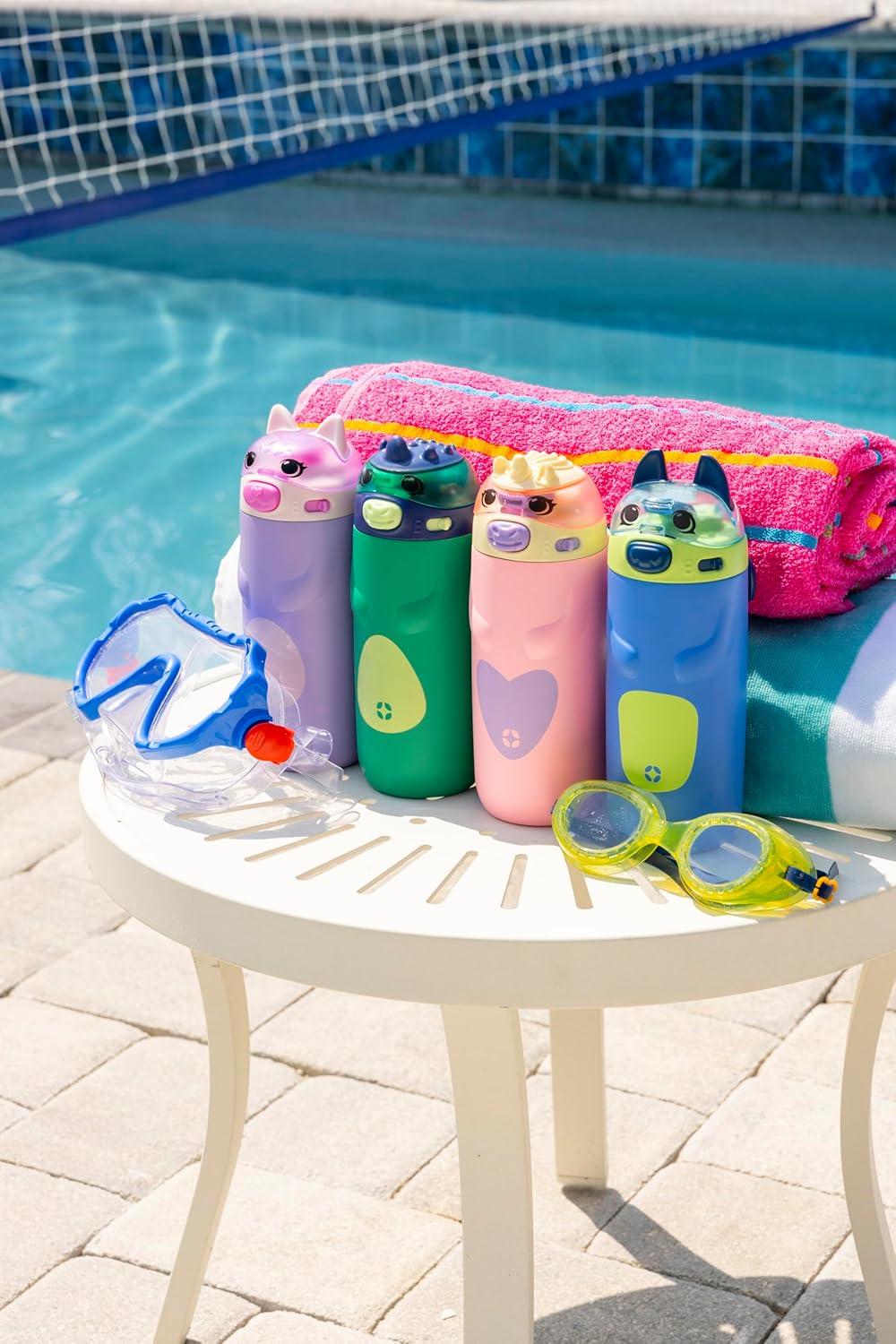 imageEllo Ellies 12oz Vacuum Insulated Stainless Steel Kids Water Bottle with Straw and Builtin Carrying Handle and LeakProof Locking Lid for School Backpack Lunchbox and Outdoor Sports CatDino
