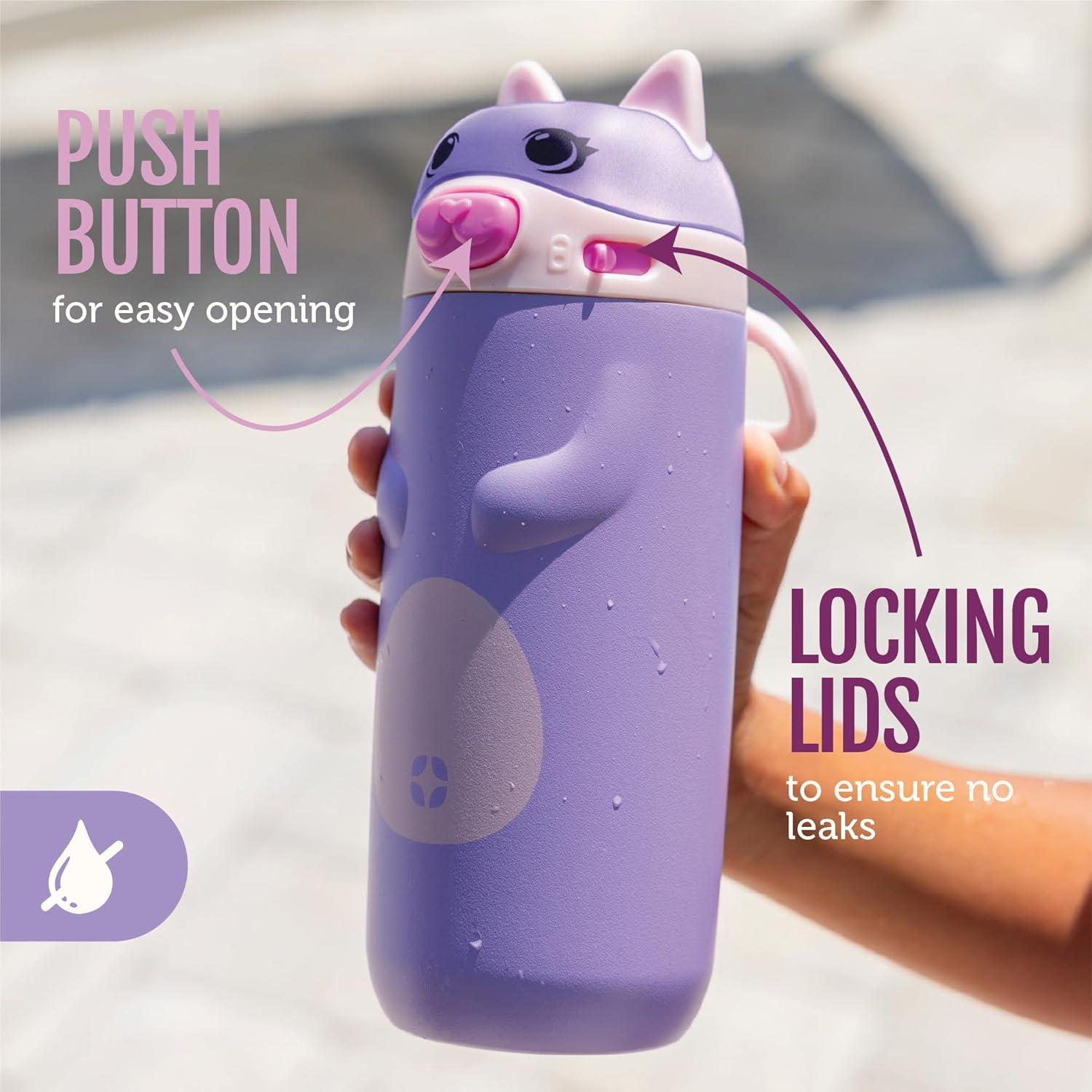 imageEllo Ellies 12oz Vacuum Insulated Stainless Steel Kids Water Bottle with Straw and Builtin Carrying Handle and LeakProof Locking Lid for School Backpack Lunchbox and Outdoor Sports CatDino