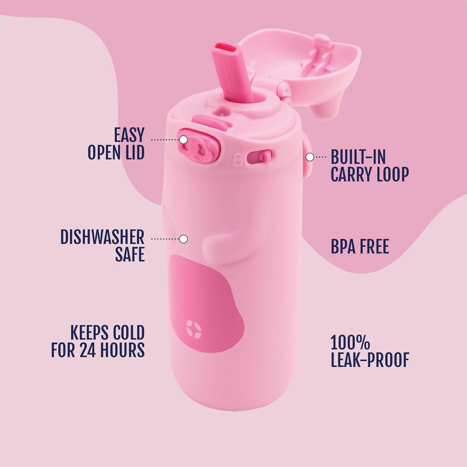 imageEllo Ellies 12oz Vacuum Insulated Stainless Steel Kids Water Bottle with Straw and Builtin Carrying Handle and LeakProof Locking Lid for School Backpack Lunchbox and Outdoor Sports CatPig
