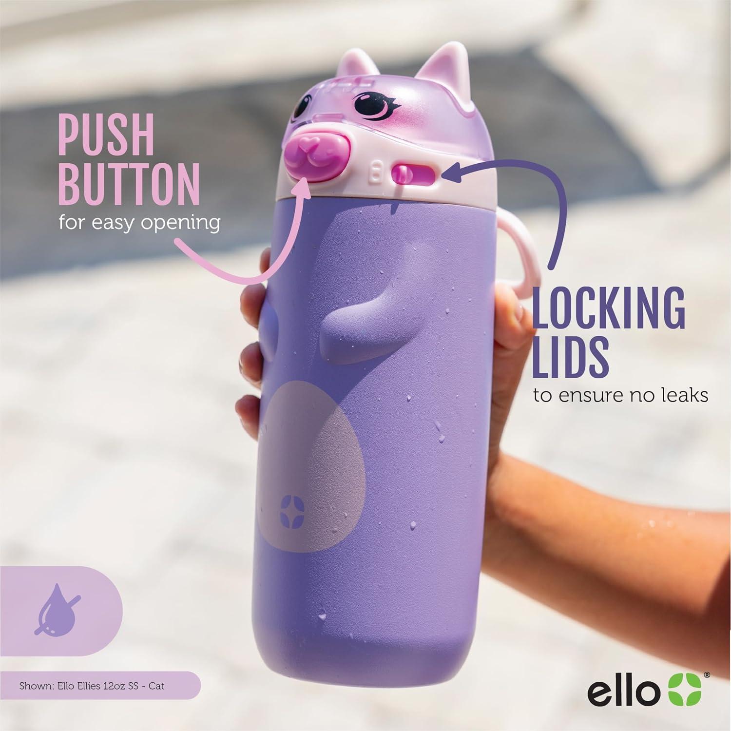imageEllo Ellies 12oz Vacuum Insulated Stainless Steel Kids Water Bottle with Straw and Builtin Carrying Handle and LeakProof Locking Lid for School Backpack Lunchbox and Outdoor Sports CatDino