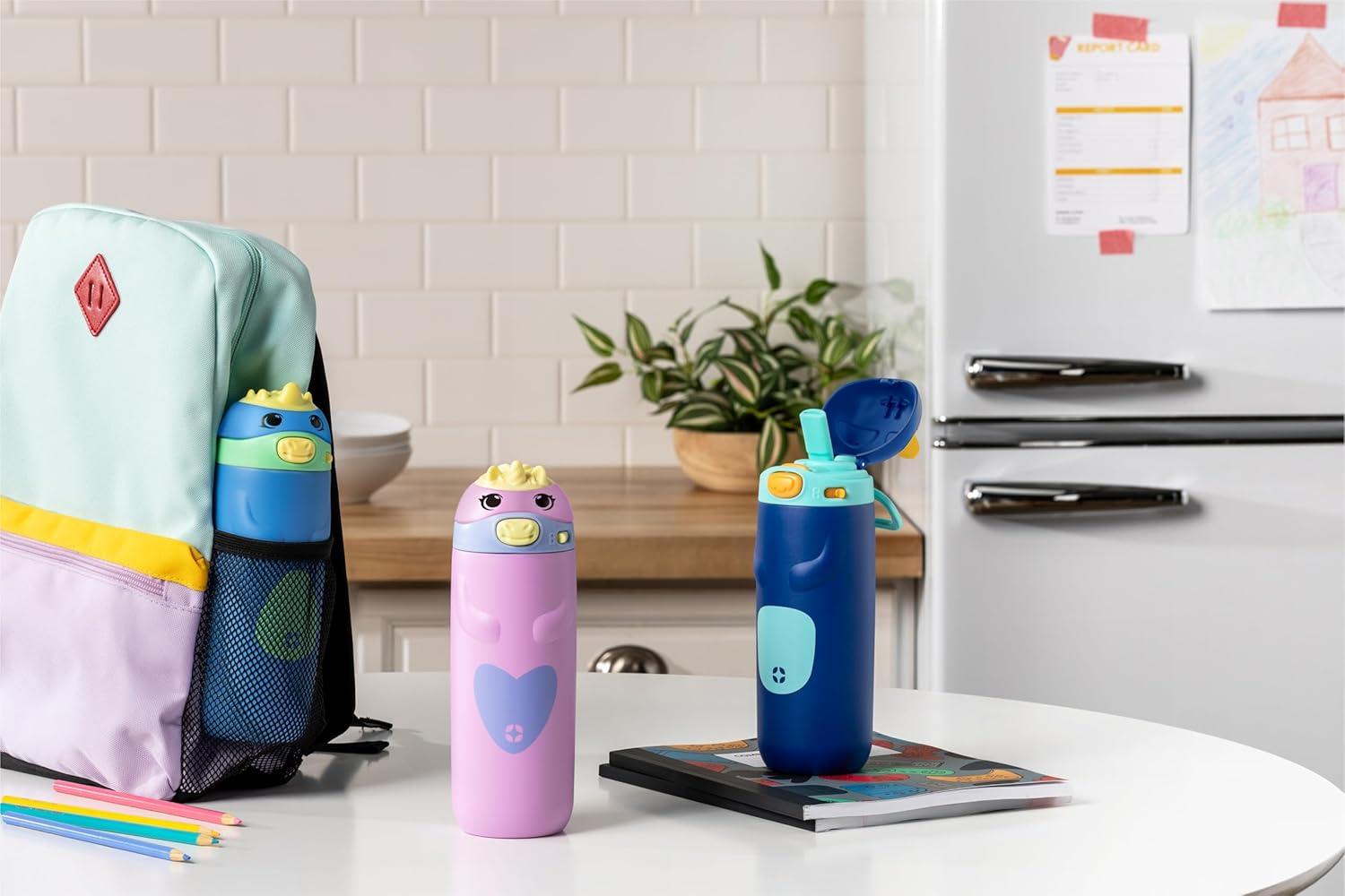 imageEllo Ellies 12oz Vacuum Insulated Stainless Steel Kids Water Bottle with Straw and Builtin Carrying Handle and LeakProof Locking Lid for School Backpack Lunchbox and Outdoor Sports CatCat