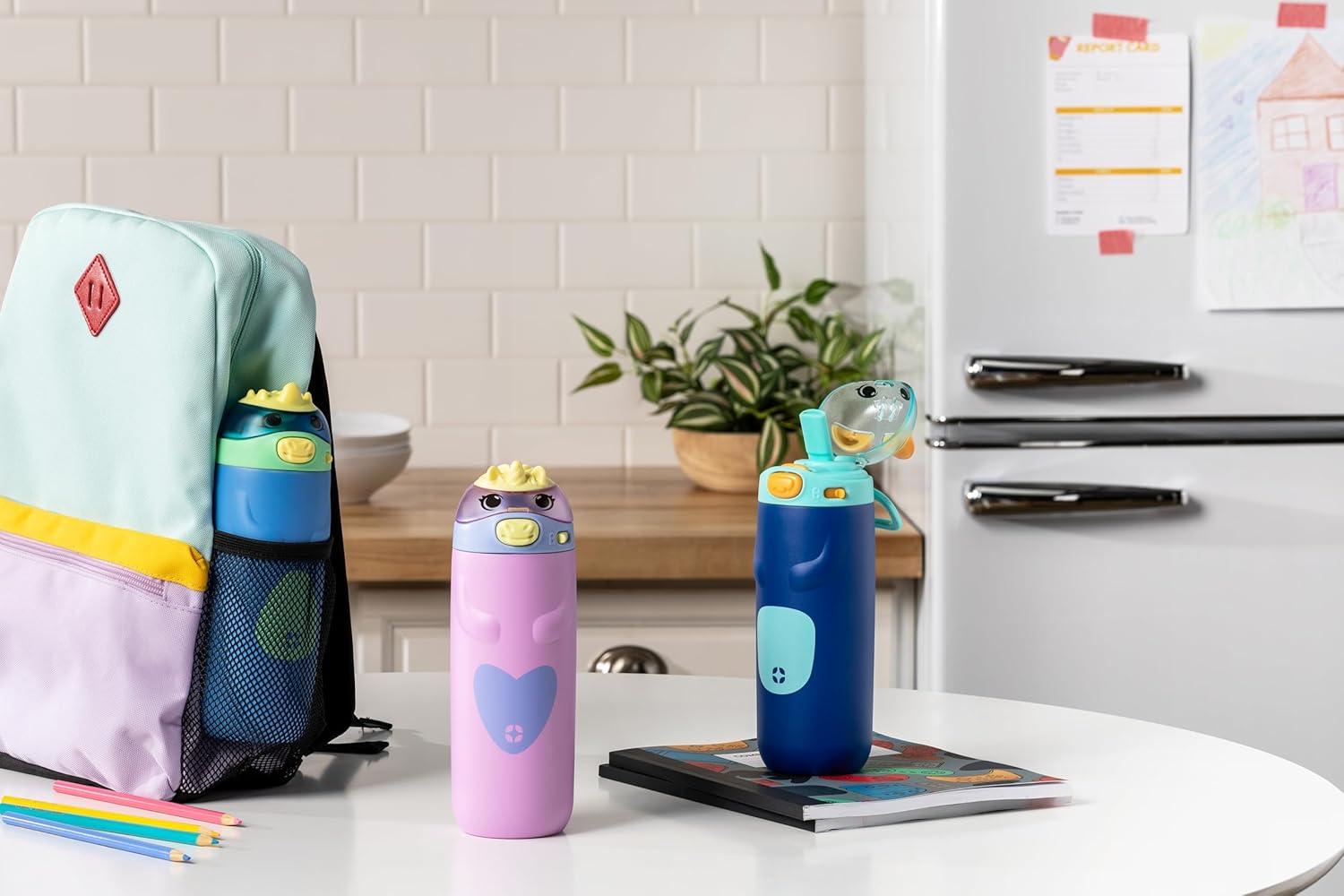 imageEllo Ellies 12oz Vacuum Insulated Stainless Steel Kids Water Bottle with Straw and Builtin Carrying Handle and LeakProof Locking Lid for School Backpack Lunchbox and Outdoor Sports CatCat