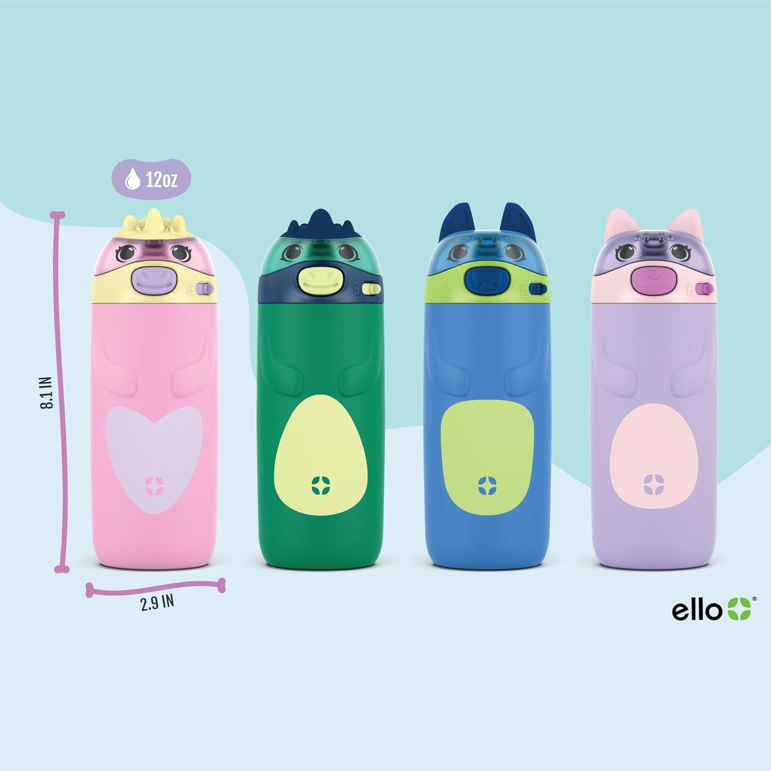 imageEllo Ellies 12oz Vacuum Insulated Stainless Steel Kids Water Bottle with Straw and Builtin Carrying Handle and LeakProof Locking Lid for School Backpack Lunchbox and Outdoor Sports CatDino