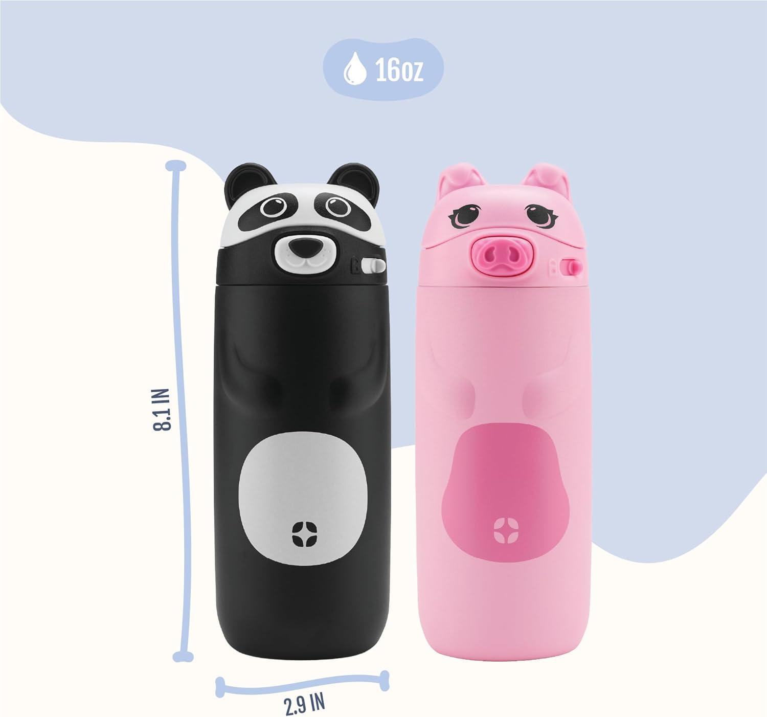 imageEllo Ellies 12oz Vacuum Insulated Stainless Steel Kids Water Bottle with Straw and Builtin Carrying Handle and LeakProof Locking Lid for School Backpack Lunchbox and Outdoor Sports CatPanda