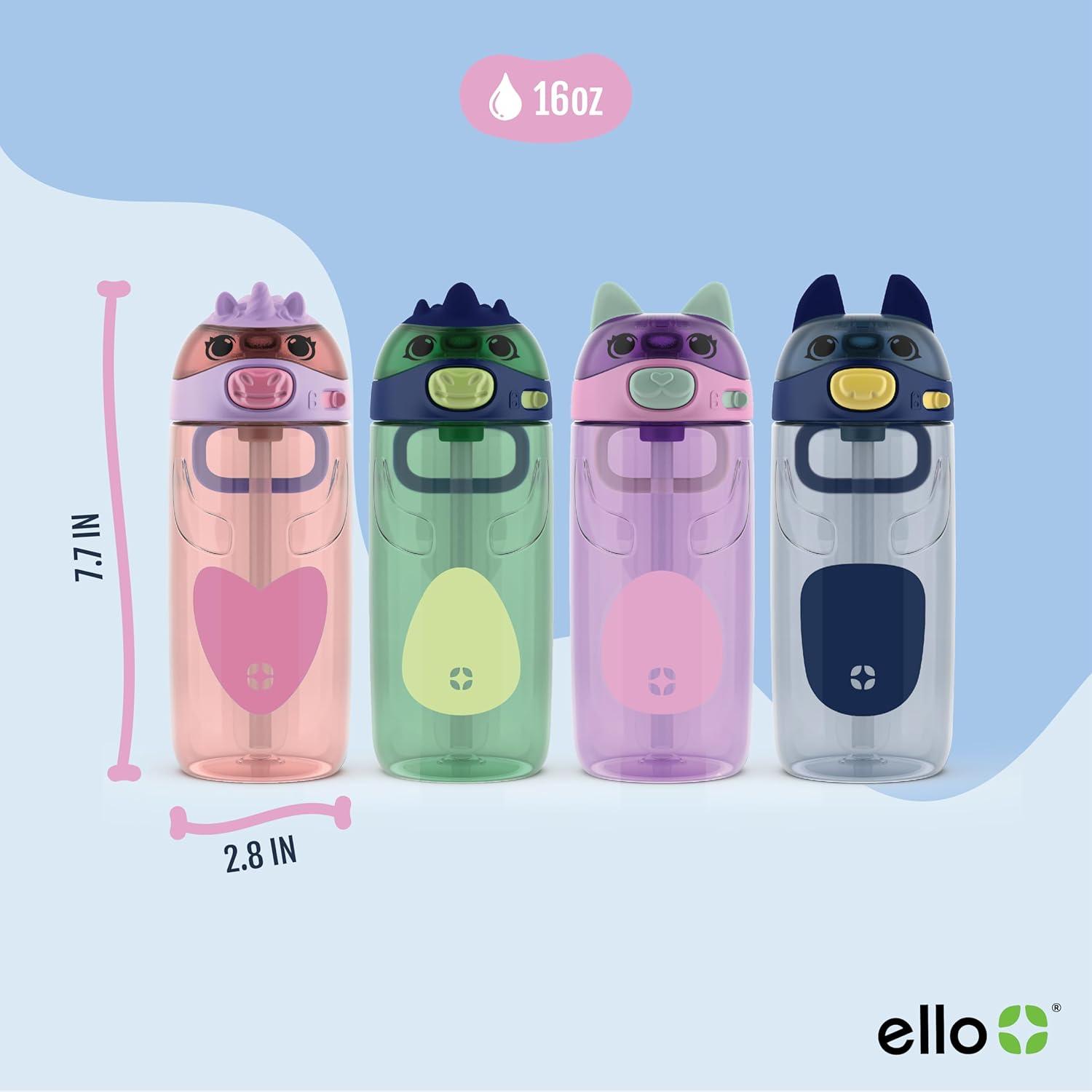 imageEllo Ellies 16oz Plastic Kids Water Bottle with Straw and Builtin Carrying Handle and LeakProof Locking Lid for School backpack Lunchbox and Outdoor Sports PigDog