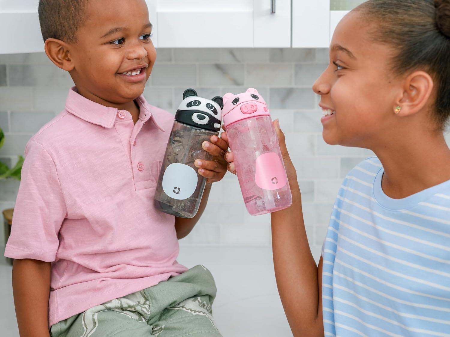 imageEllo Ellies 16oz Plastic Kids Water Bottle with Straw and Builtin Carrying Handle and LeakProof Locking Lid for School backpack Lunchbox and Outdoor Sports PigPig