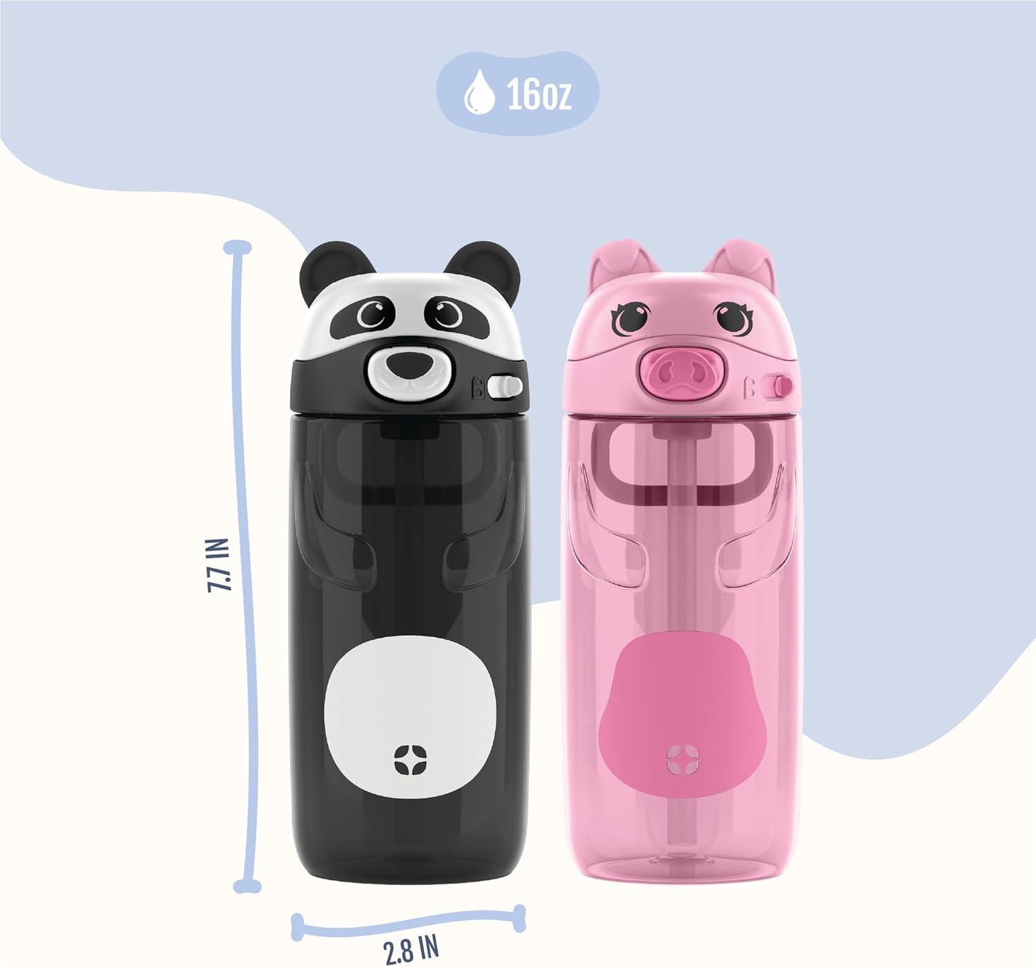 imageEllo Ellies 16oz Plastic Kids Water Bottle with Straw and Builtin Carrying Handle and LeakProof Locking Lid for School backpack Lunchbox and Outdoor Sports PigPig
