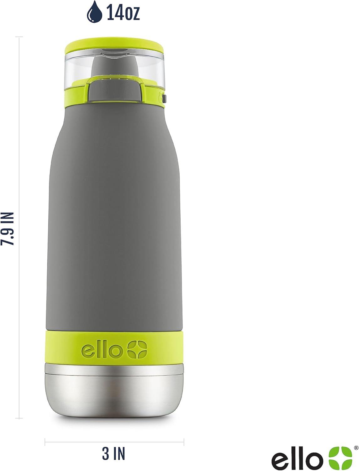 imageEllo Emma 14oz Vacuum Insulated Stainless Steel Kids Water Bottle with Straw and Builtin Carrying Handle and LeakProof Locking Lid for School Backpack Lunchbox and Outdoor SportsGrayGreen