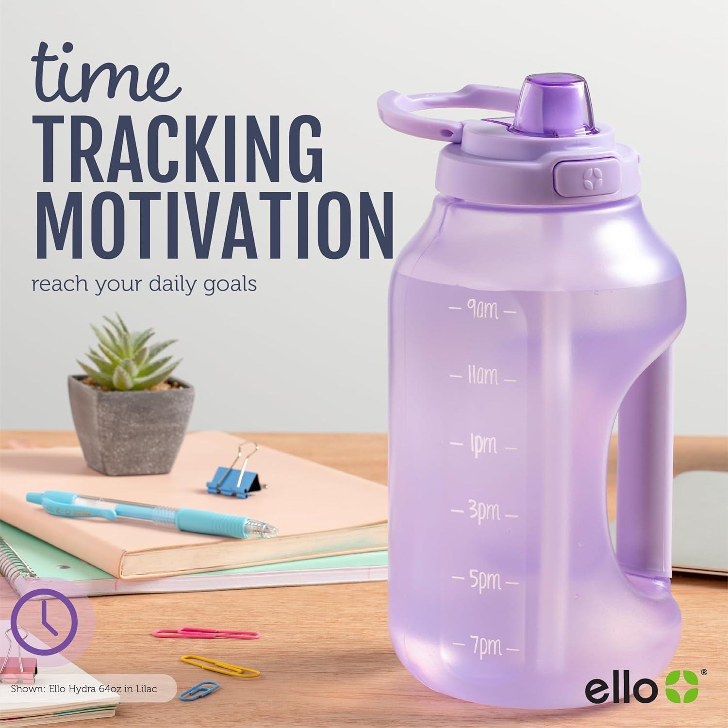 imageEllo Hydra 64oz Half Gallon Water Jug with Handle and Motivational Time Markers for All Day Hydration Plastic Reusable Water Bottle with Straw and Locking Leak Proof Lid BPA FreeYucca
