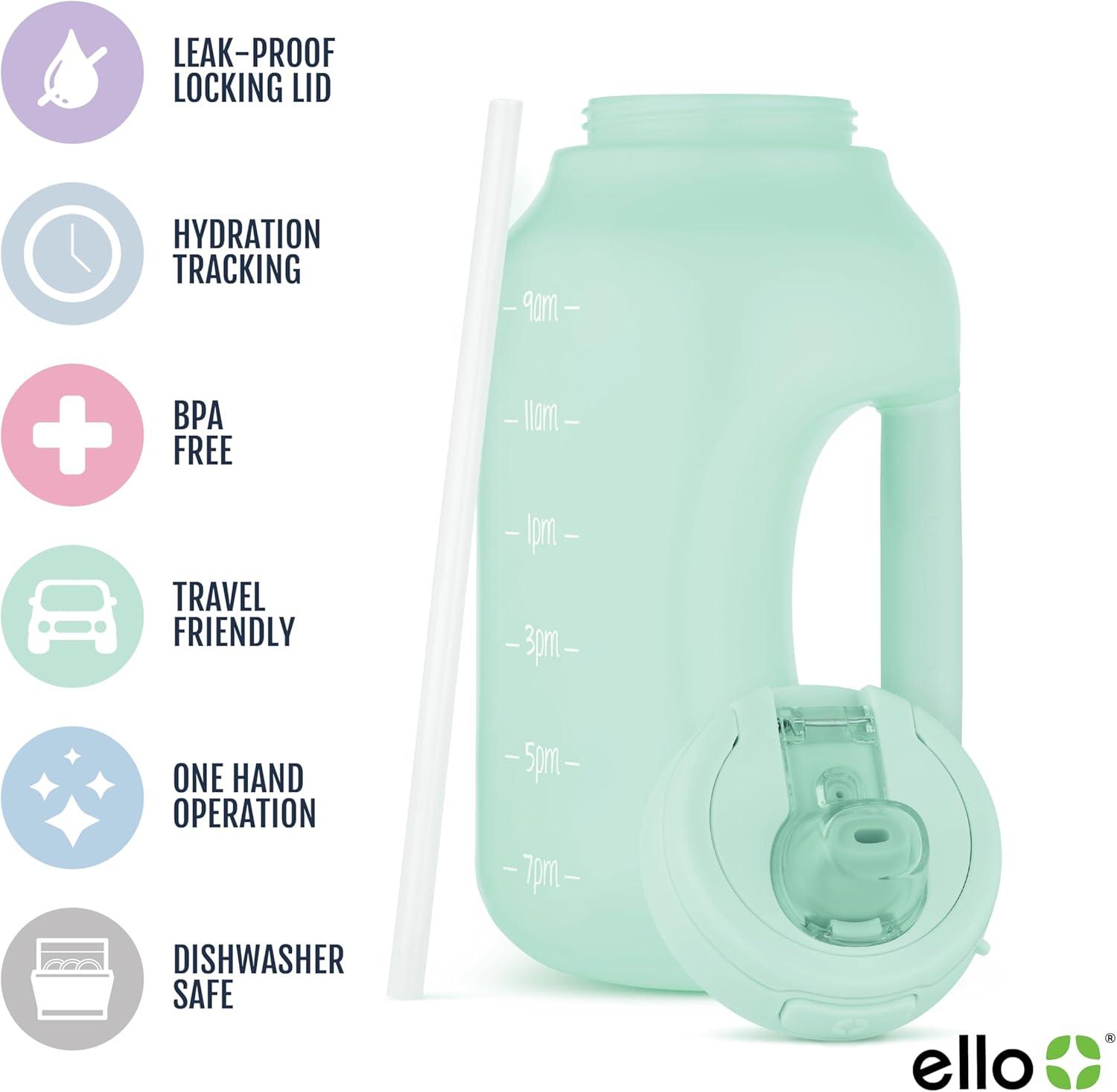 imageEllo Hydra 64oz Half Gallon Water Jug with Handle and Motivational Time Markers for All Day Hydration Plastic Reusable Water Bottle with Straw and Locking Leak Proof Lid BPA FreeYucca