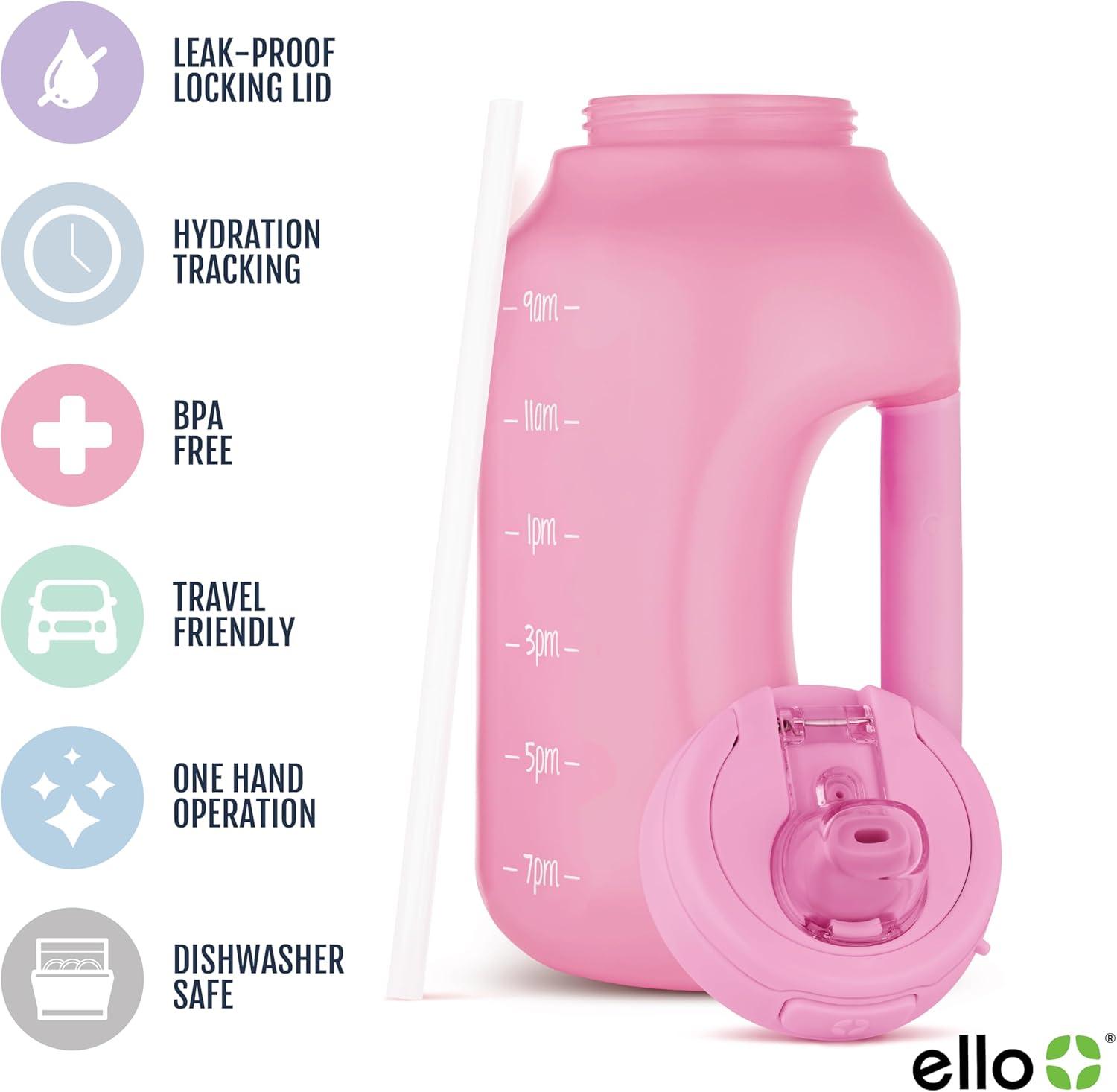 imageEllo Hydra 64oz Half Gallon Water Jug with Handle and Motivational Time Markers for All Day Hydration Plastic Reusable Water Bottle with Straw and Locking Leak Proof Lid BPA FreeBubblegum