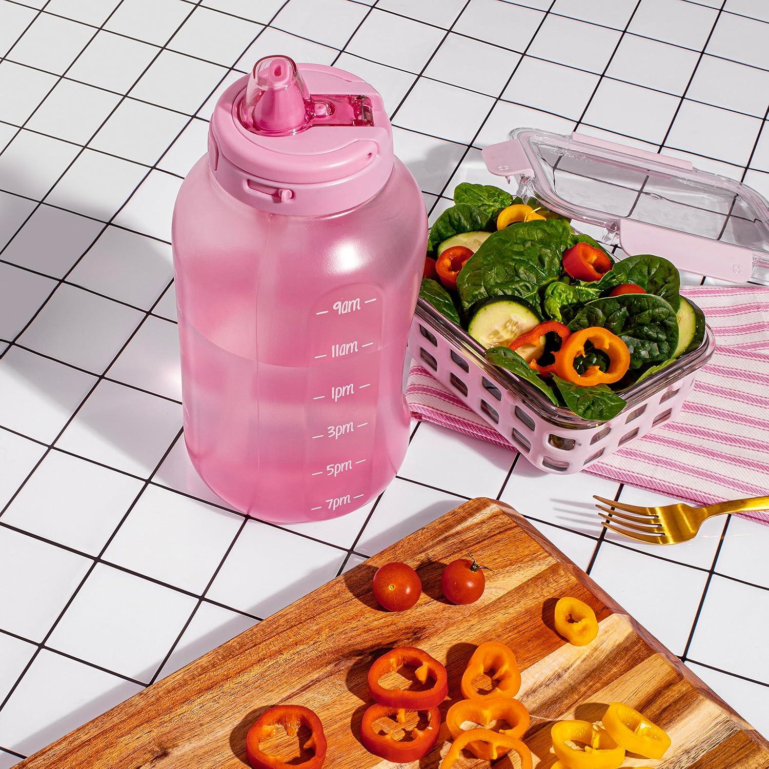 imageEllo Hydra 64oz Half Gallon Water Jug with Handle and Motivational Time Markers for All Day Hydration Plastic Reusable Water Bottle with Straw and Locking Leak Proof Lid BPA FreeBubblegum