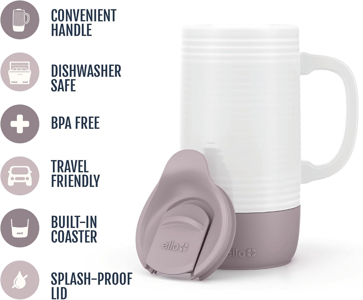 imageEllo Jane 18oz Ceramic Travel Mug with Handle SplashResistant Slider Lid and Builtin Coaster Perfect for Coffee and Tea BPA Free Dishwasher Safe Holiday Gift Her Him YuccaMauvewood