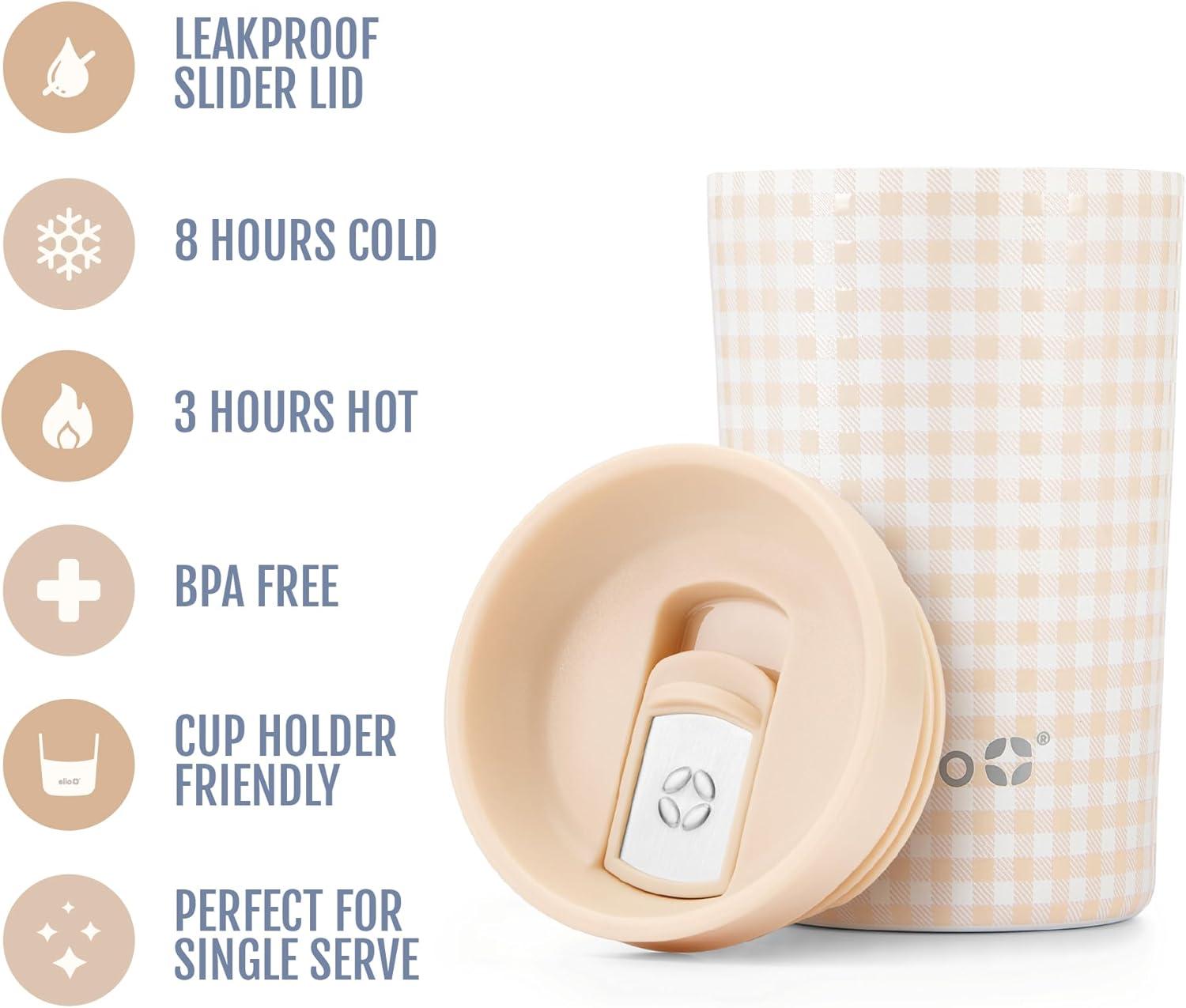 imageEllo Jones 11oz Insulated Stainless Steel Travel Mug with LeakProof Slider Lid Single Serve Small Coffee Tumbler Keeps Drinks Hot 3 Hours Cold 8 Hours BPAFree Beige GinghamBeige Gingham