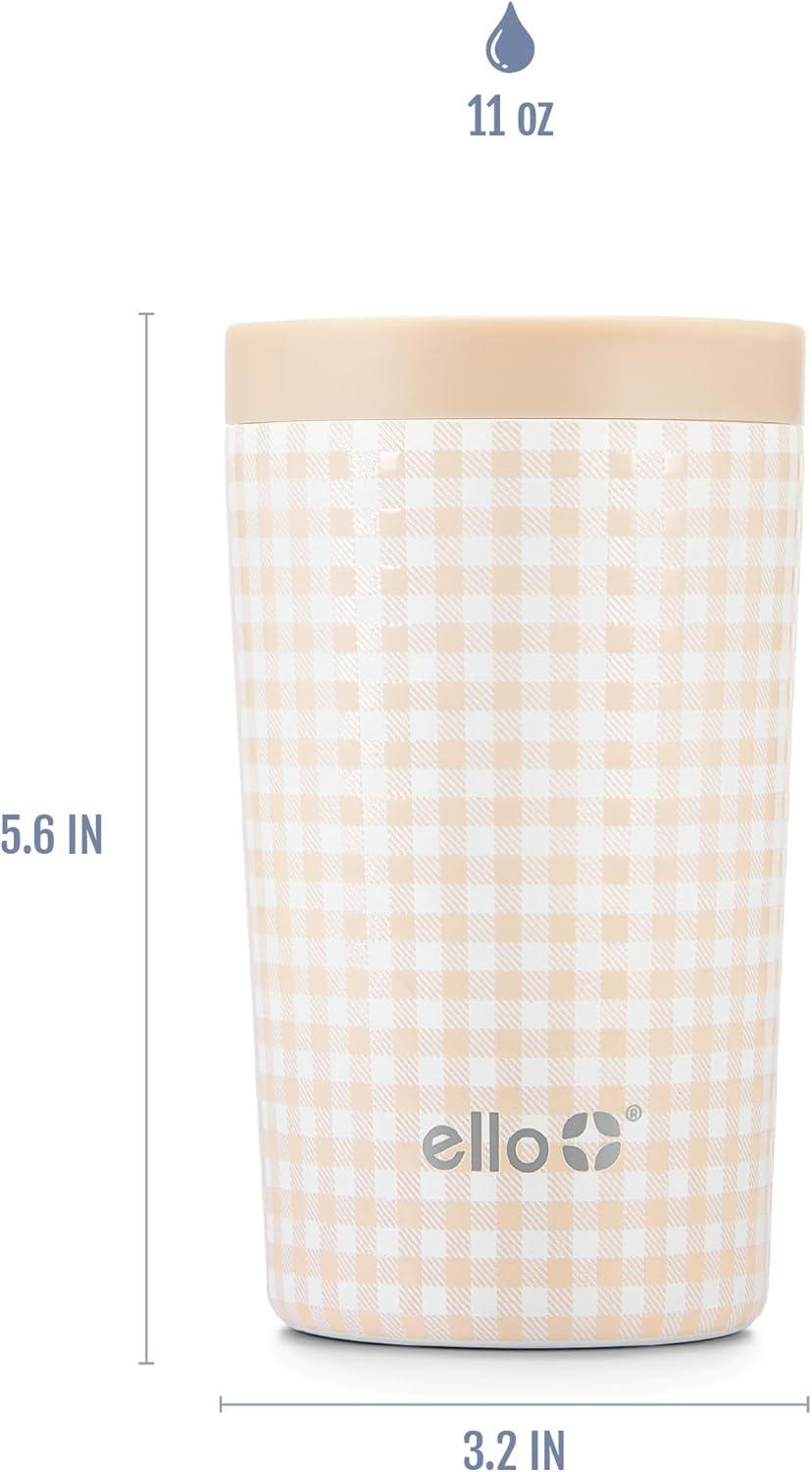 imageEllo Jones 11oz Insulated Stainless Steel Travel Mug with LeakProof Slider Lid Single Serve Small Coffee Tumbler Keeps Drinks Hot 3 Hours Cold 8 Hours BPAFree Beige GinghamBeige Gingham