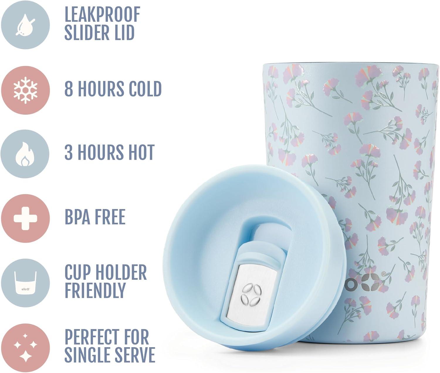 imageEllo Jones 11oz Insulated Stainless Steel Travel Mug with LeakProof Slider Lid Single Serve Small Coffee Tumbler Keeps Drinks Hot 3 Hours Cold 8 Hours BPAFree Beige GinghamSerene Blooms