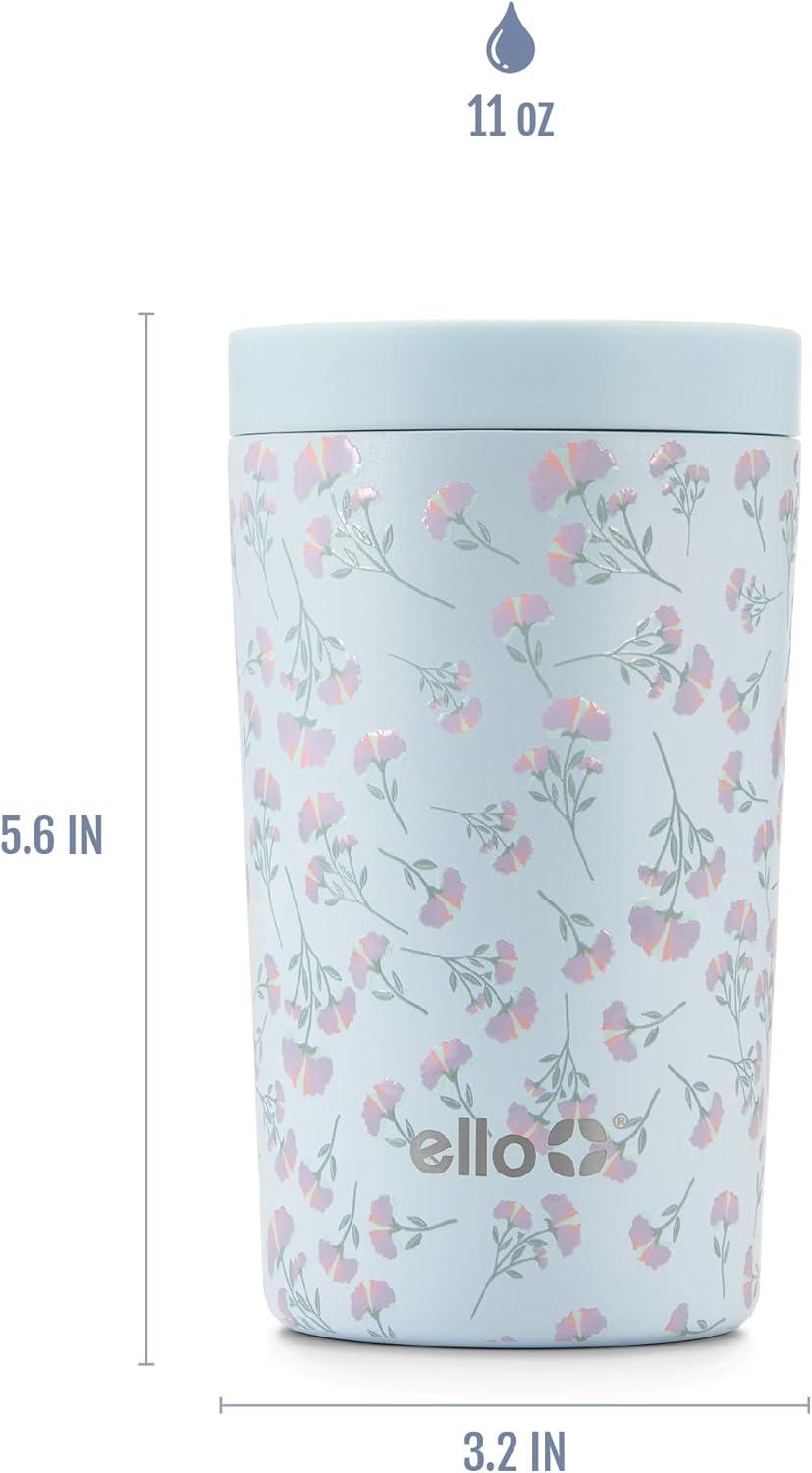 imageEllo Jones 11oz Insulated Stainless Steel Travel Mug with LeakProof Slider Lid Single Serve Small Coffee Tumbler Keeps Drinks Hot 3 Hours Cold 8 Hours BPAFree Beige GinghamSerene Blooms