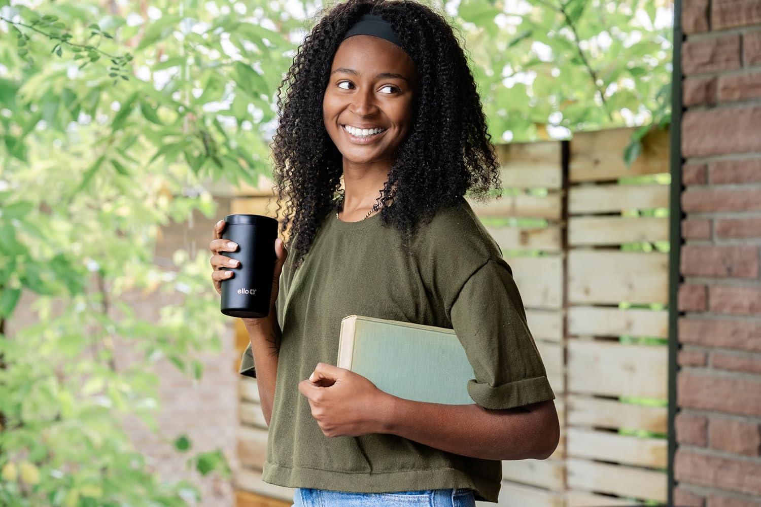 imageEllo Jones 11oz Insulated Stainless Steel Travel Mug with LeakProof Slider Lid Single Serve Small Coffee Tumbler Keeps Drinks Hot 3 Hours Cold 8 Hours BPAFree Beige GinghamBlack