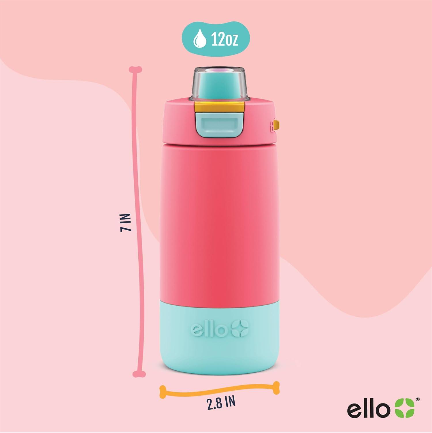 imageEllo Kids Colby 12oz Stainless Steel Insulated Water Bottle with Straw and BuiltIn Silicone Coaster Carrying Handle and LeakProof Locking Lid for School Backpack Lunchbox and Outdoor SportsCoralMint