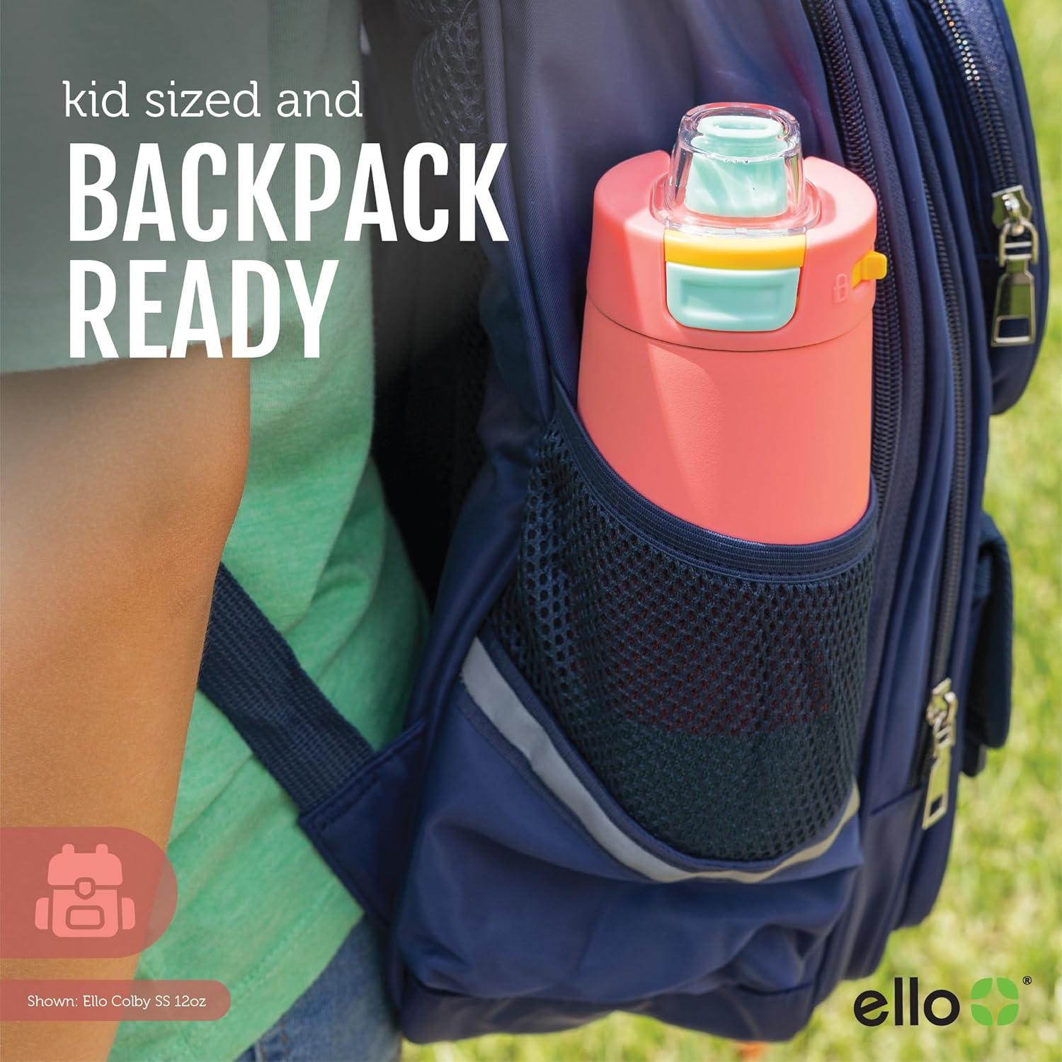 imageEllo Kids Colby 12oz Stainless Steel Insulated Water Bottle with Straw and BuiltIn Silicone Coaster Carrying Handle and LeakProof Locking Lid for School Backpack Lunchbox and Outdoor SportsSunset Splash
