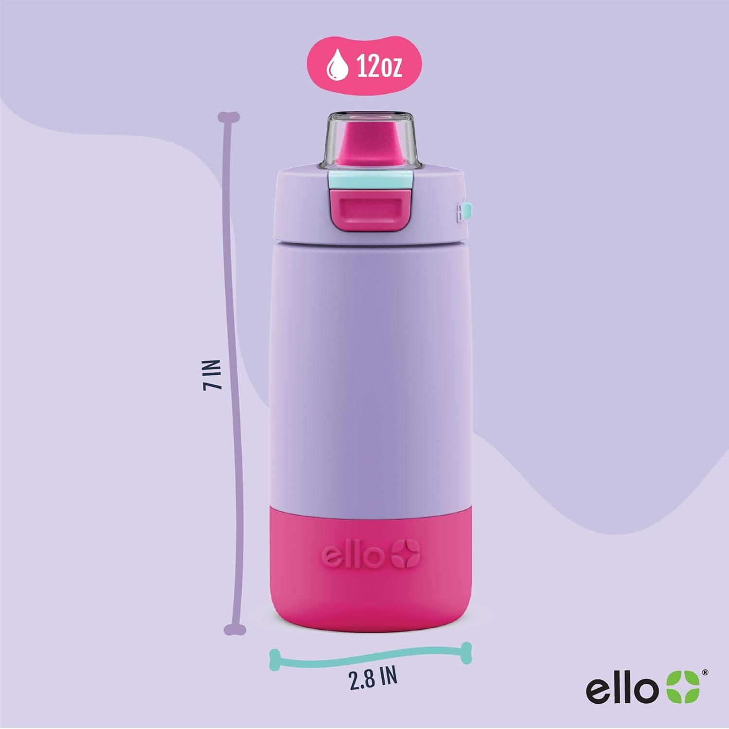 imageEllo Kids Colby 12oz Stainless Steel Insulated Water Bottle with Straw and BuiltIn Silicone Coaster Carrying Handle and LeakProof Locking Lid for School Backpack Lunchbox and Outdoor SportsLilacPink