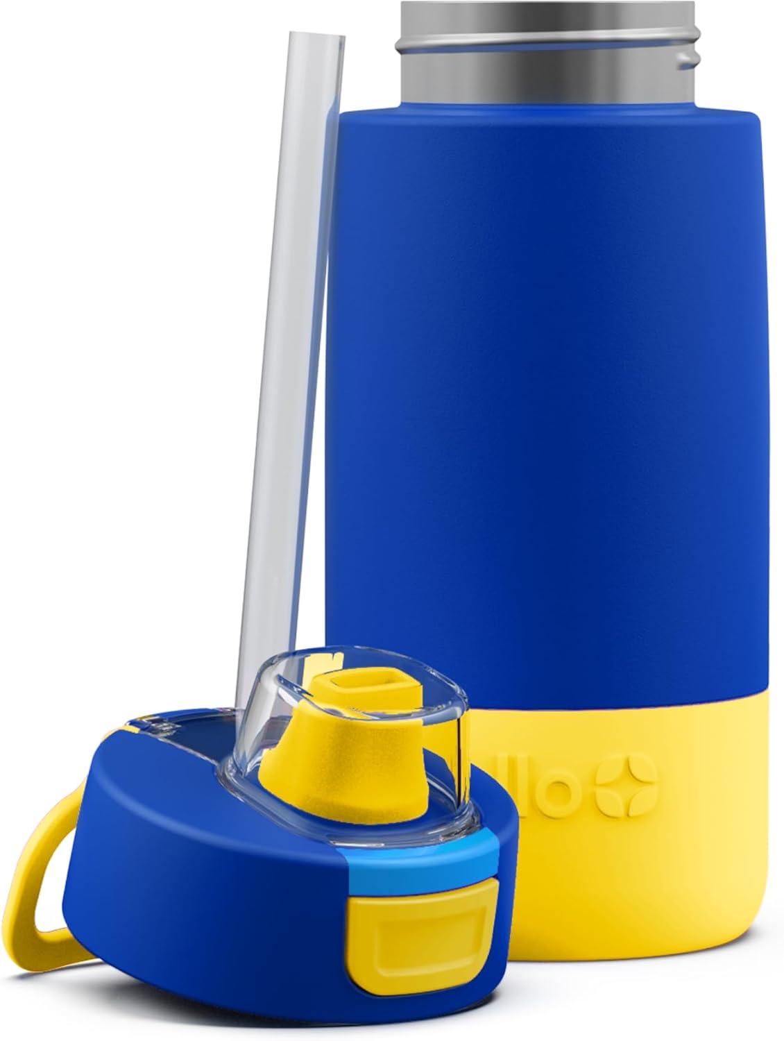 imageEllo Kids Colby 12oz Stainless Steel Insulated Water Bottle with Straw and BuiltIn Silicone Coaster Carrying Handle and LeakProof Locking Lid for School Backpack Lunchbox and Outdoor SportsBlueOrange
