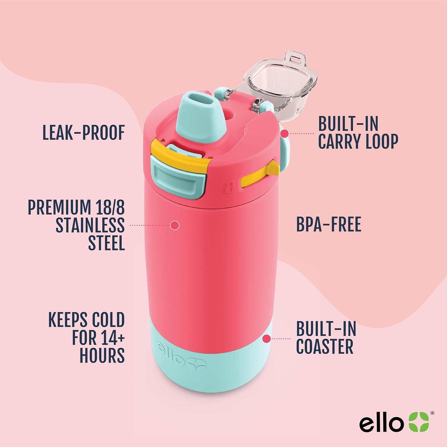 imageEllo Kids Colby 12oz Stainless Steel Insulated Water Bottle with Straw and BuiltIn Silicone Coaster Carrying Handle and LeakProof Locking Lid for School Backpack Lunchbox and Outdoor SportsCoralMint