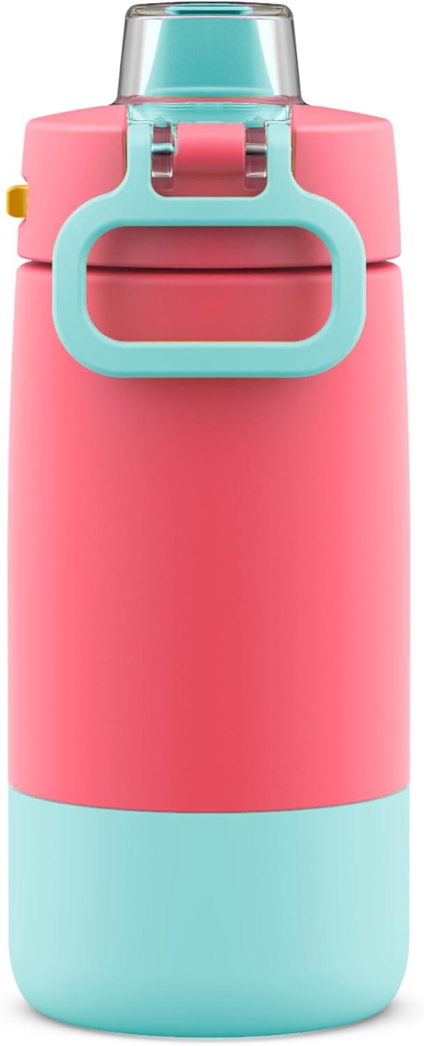 imageEllo Kids Colby 12oz Stainless Steel Insulated Water Bottle with Straw and BuiltIn Silicone Coaster Carrying Handle and LeakProof Locking Lid for School Backpack Lunchbox and Outdoor SportsCoralMint