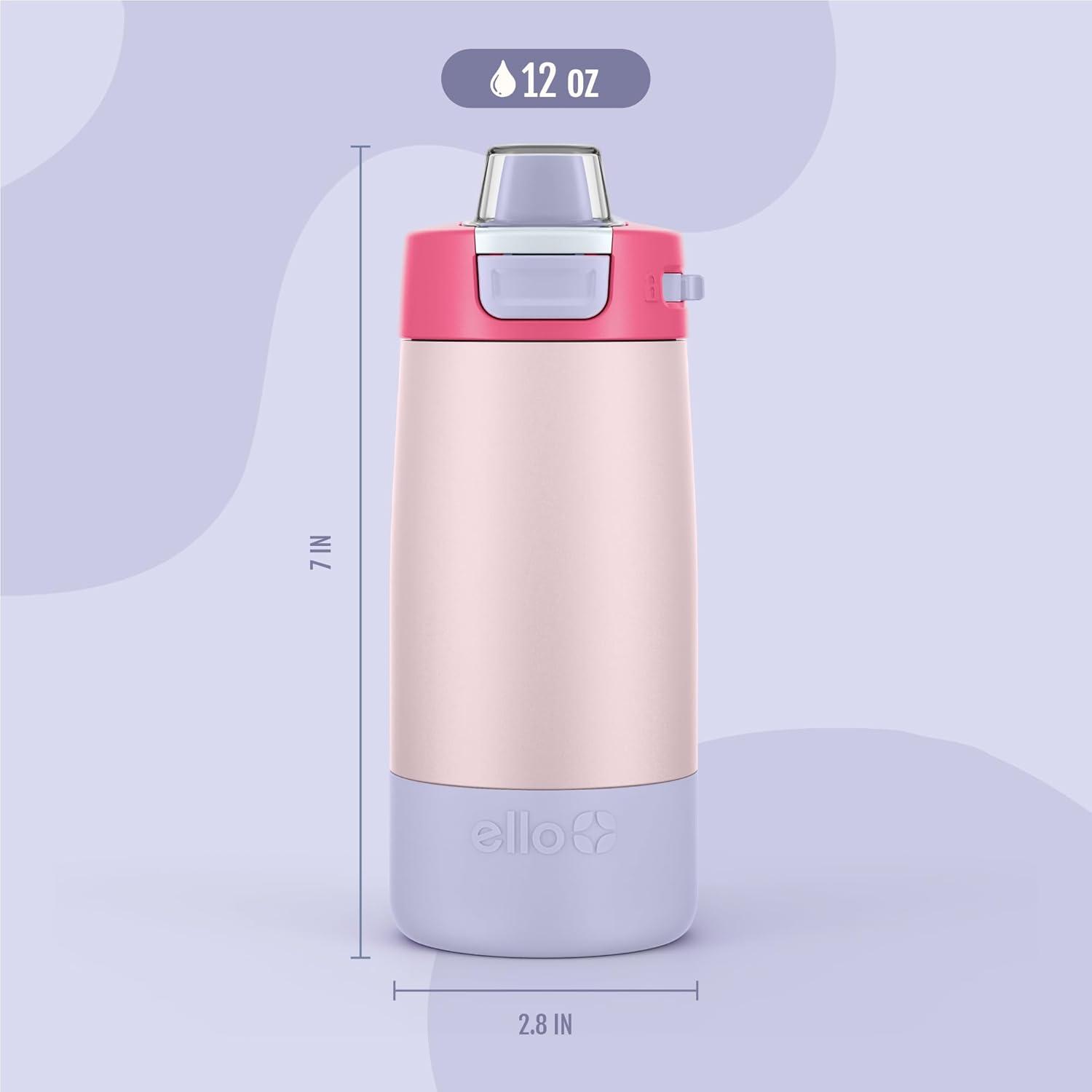 imageEllo Kids Colby 12oz Stainless Steel Insulated Water Bottle with Straw and BuiltIn Silicone Coaster Carrying Handle and LeakProof Locking Lid for School Backpack Lunchbox and Outdoor SportsBubble Berry