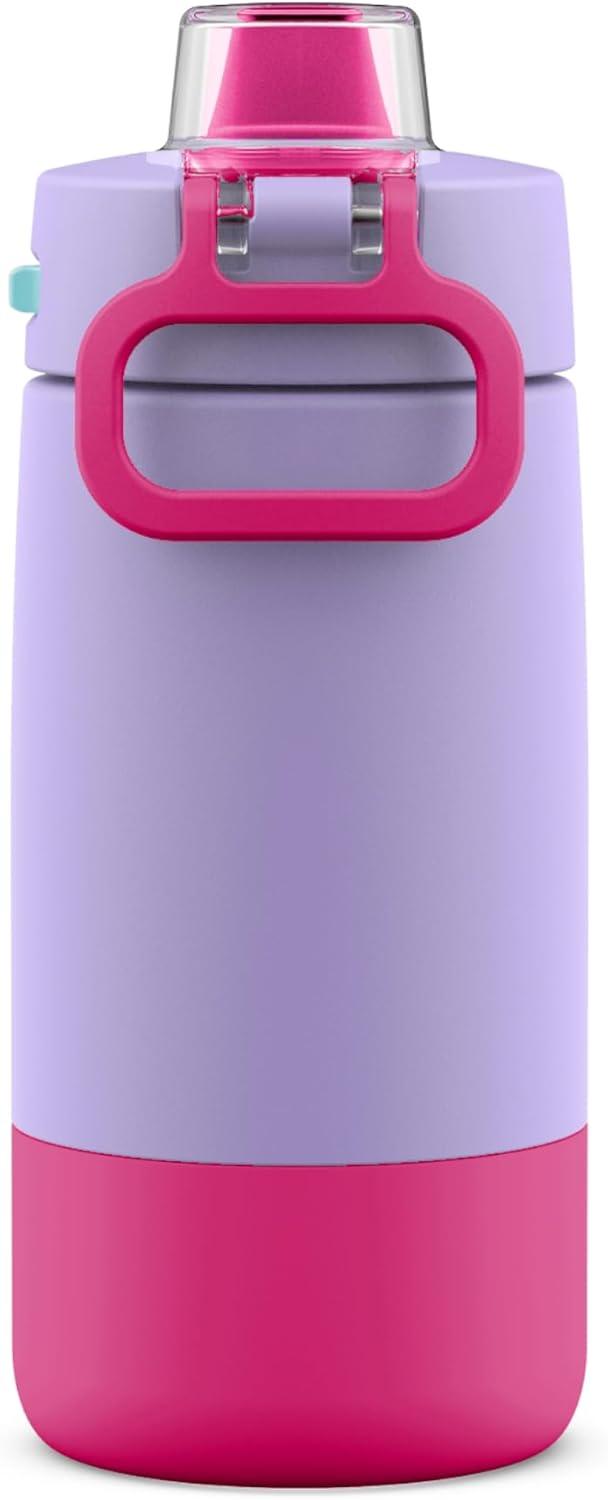 imageEllo Kids Colby 12oz Stainless Steel Insulated Water Bottle with Straw and BuiltIn Silicone Coaster Carrying Handle and LeakProof Locking Lid for School Backpack Lunchbox and Outdoor SportsLilacPink