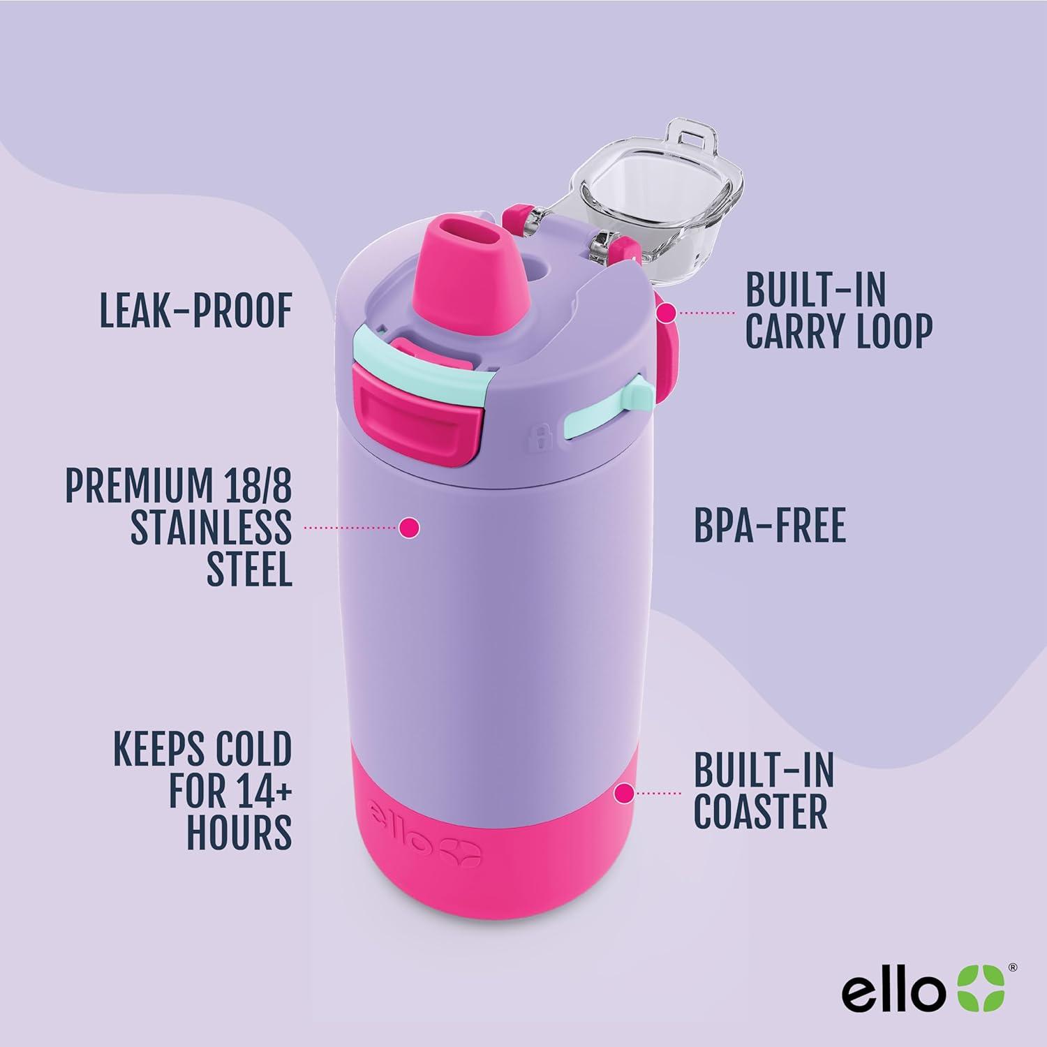 imageEllo Kids Colby 12oz Stainless Steel Insulated Water Bottle with Straw and BuiltIn Silicone Coaster Carrying Handle and LeakProof Locking Lid for School Backpack Lunchbox and Outdoor SportsLilacPink