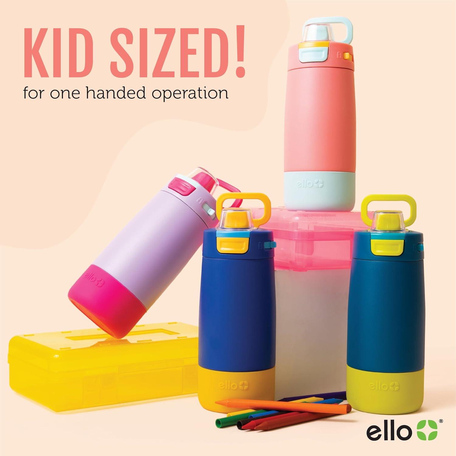 imageEllo Kids Colby 12oz Stainless Steel Insulated Water Bottle with Straw and BuiltIn Silicone Coaster Carrying Handle and LeakProof Locking Lid for School Backpack Lunchbox and Outdoor SportsFrosted Petal