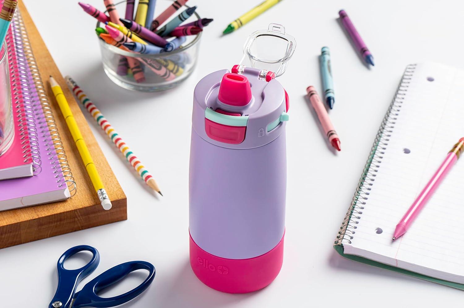imageEllo Kids Colby 12oz Stainless Steel Insulated Water Bottle with Straw and BuiltIn Silicone Coaster Carrying Handle and LeakProof Locking Lid for School Backpack Lunchbox and Outdoor SportsLilacPink