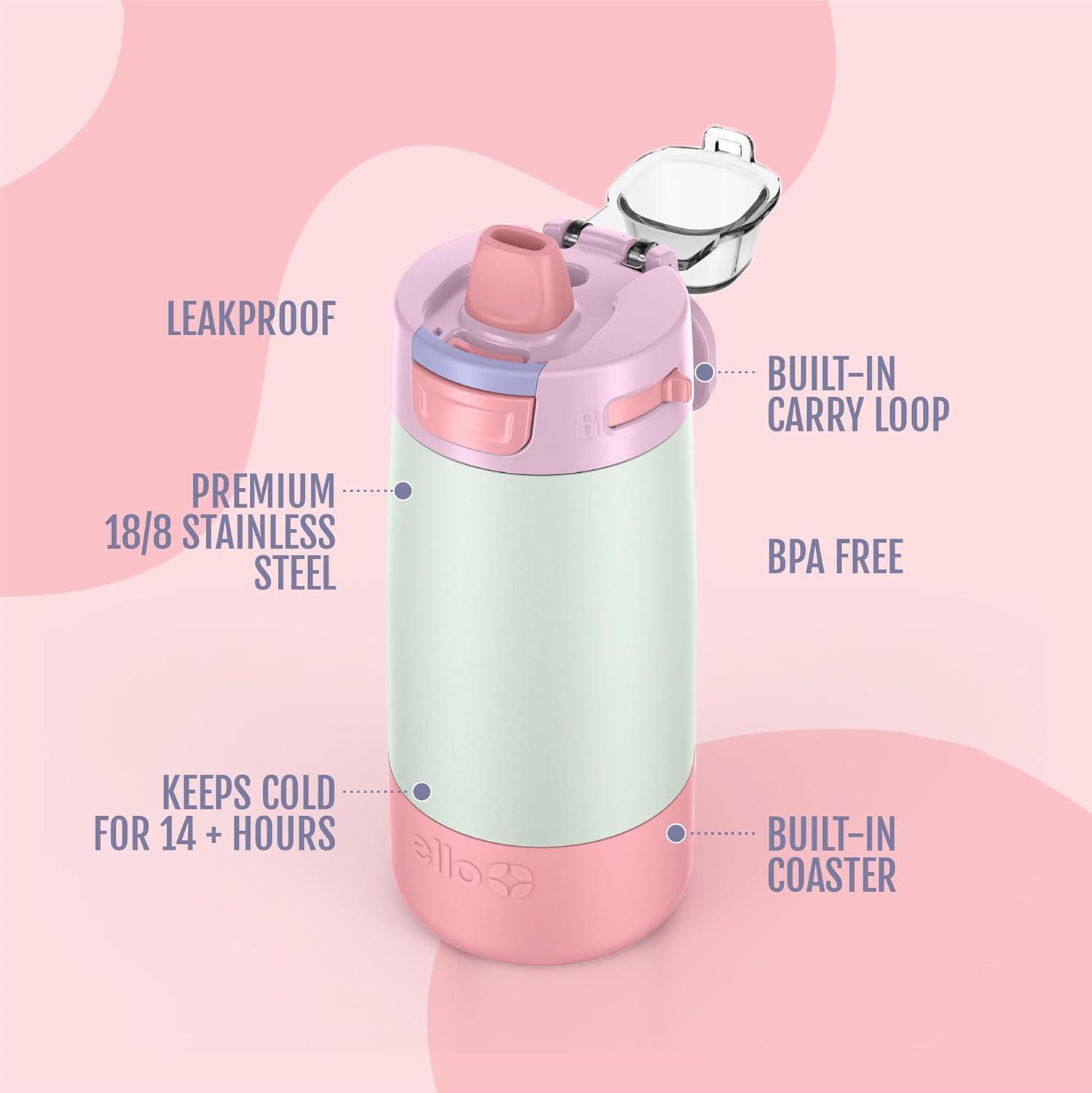 imageEllo Kids Colby 12oz Stainless Steel Insulated Water Bottle with Straw and BuiltIn Silicone Coaster Carrying Handle and LeakProof Locking Lid for School Backpack Lunchbox and Outdoor SportsFrosted Petal