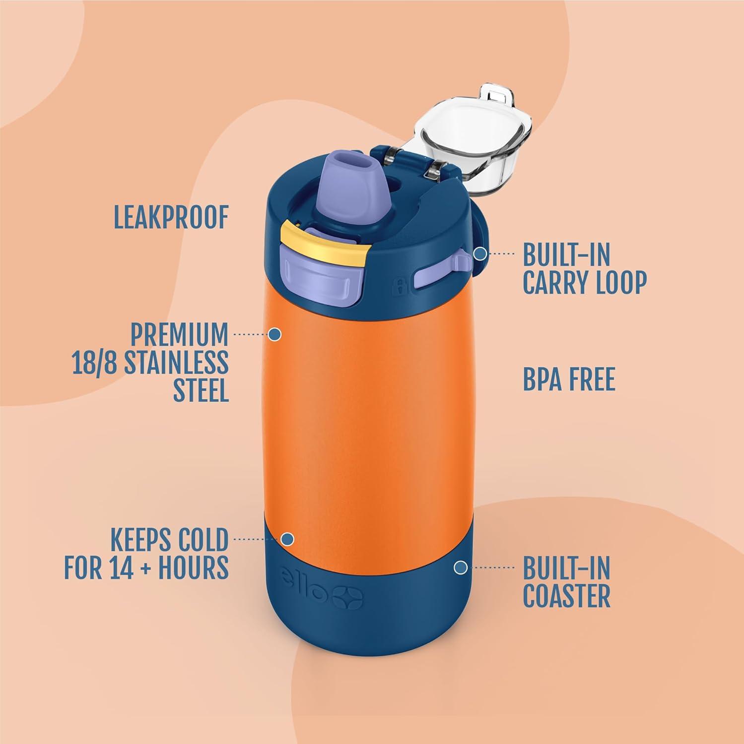 imageEllo Kids Colby 12oz Stainless Steel Insulated Water Bottle with Straw and BuiltIn Silicone Coaster Carrying Handle and LeakProof Locking Lid for School Backpack Lunchbox and Outdoor SportsSunset Splash