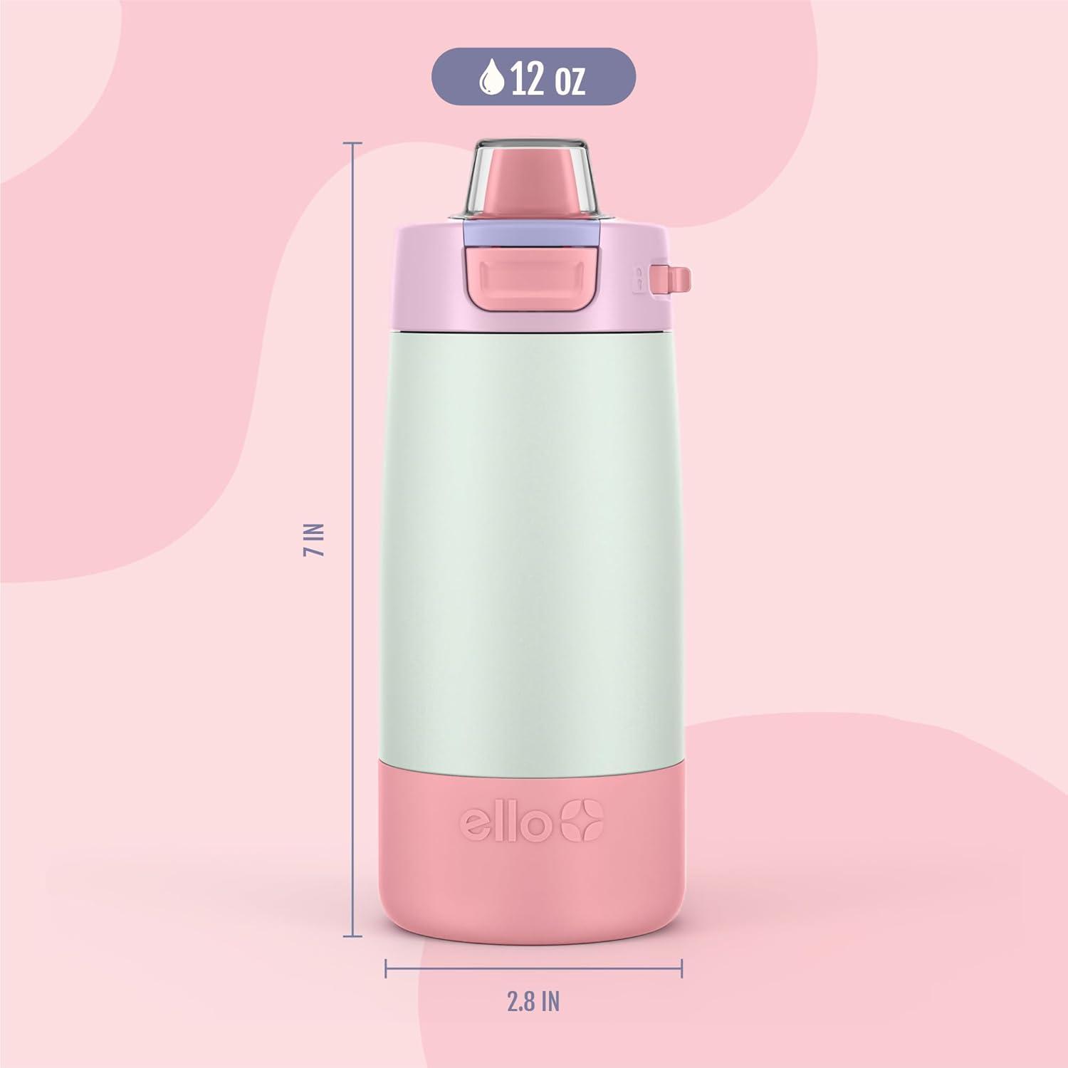 imageEllo Kids Colby 12oz Stainless Steel Insulated Water Bottle with Straw and BuiltIn Silicone Coaster Carrying Handle and LeakProof Locking Lid for School Backpack Lunchbox and Outdoor SportsFrosted Petal