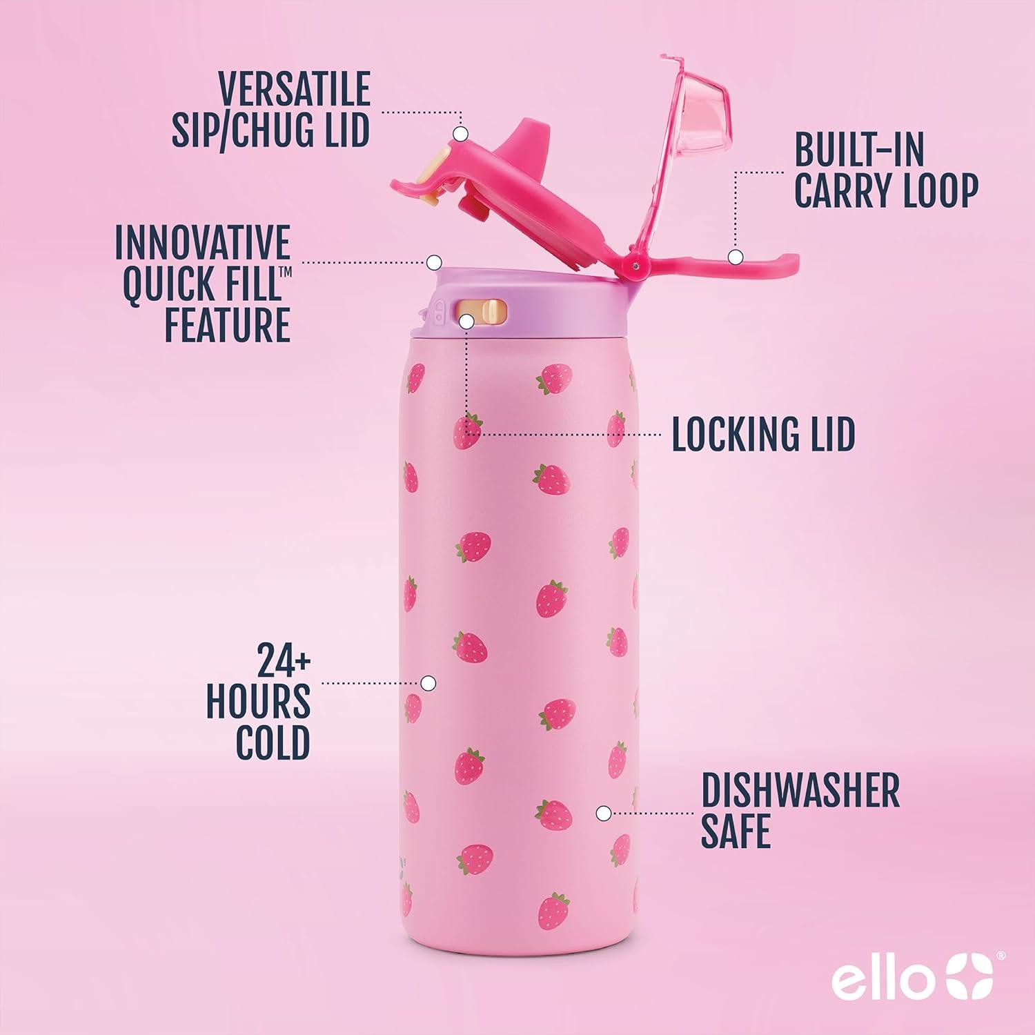 imageEllo Kids Pop ampamp Fill 18oz Stainless Steel Water Bottle with Quick Fill Technology DoubleWall Vacuum Insulation Leak Proof Locking Lid Sip ampamp Chug BPA Free Gifts for Girls Boys LighthouseStrawberries