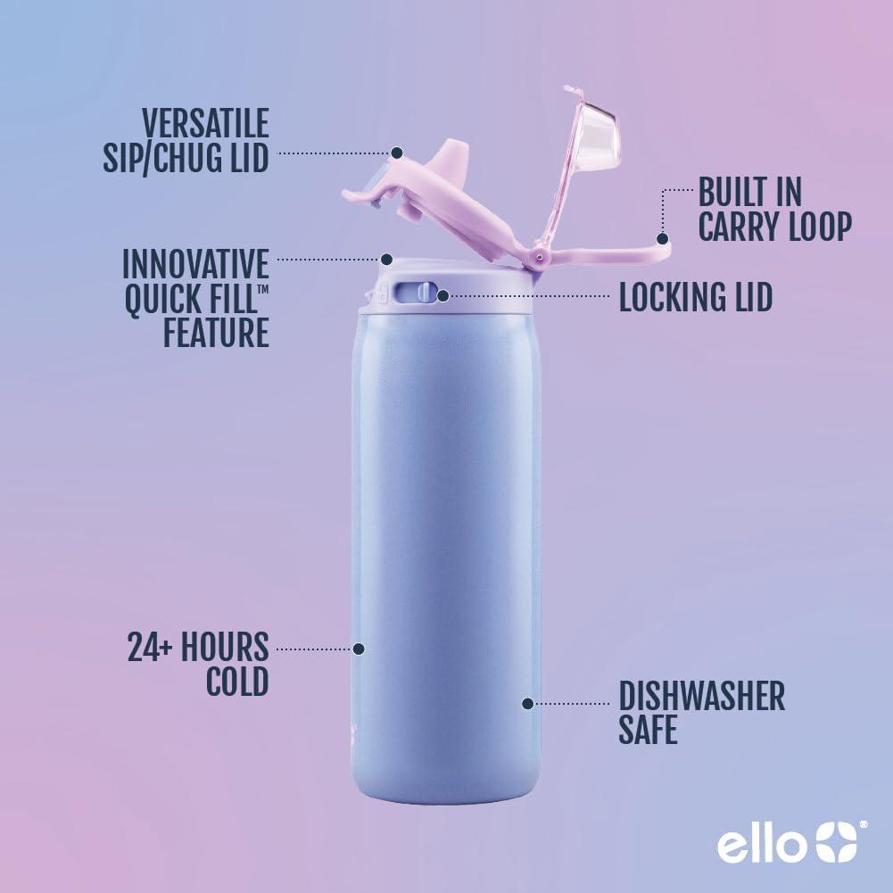 imageEllo Kids Pop ampamp Fill 18oz Stainless Steel Water Bottle with Quick Fill Technology DoubleWall Vacuum Insulation Leak Proof Locking Lid Sip ampamp Chug BPA Free Gifts for Girls Boys LighthouseShiny Purple