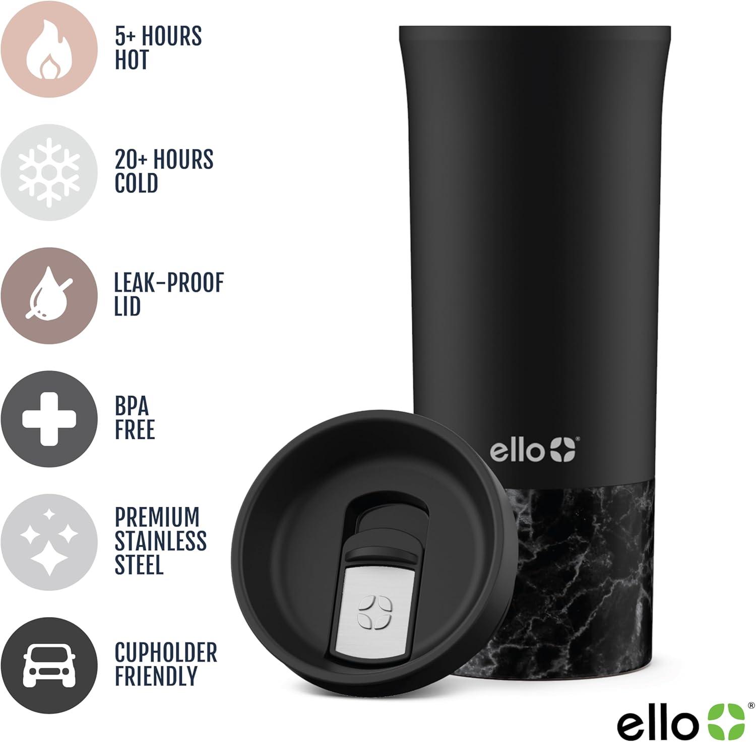imageEllo Miri 16oz Vacuum Insulated Stainless Steel Travel Mug LeakProof Slider Lid Keeps Hot for 5 Hours Perfect for Coffee or Tea BPAFree Fits Most Cupholders Holiday Gift SpeckleBlack Marble