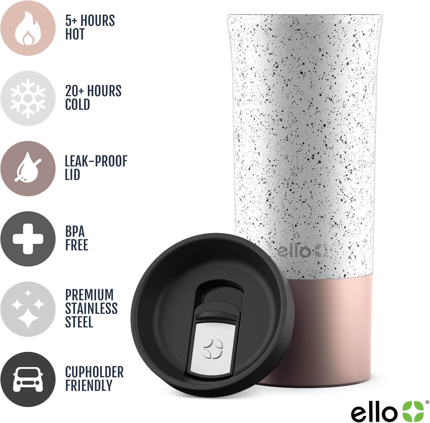 imageEllo Miri 16oz Vacuum Insulated Stainless Steel Travel Mug LeakProof Slider Lid Keeps Hot for 5 Hours Perfect for Coffee or Tea BPAFree Fits Most Cupholders Holiday Gift SpeckleSpeckle Rosegold