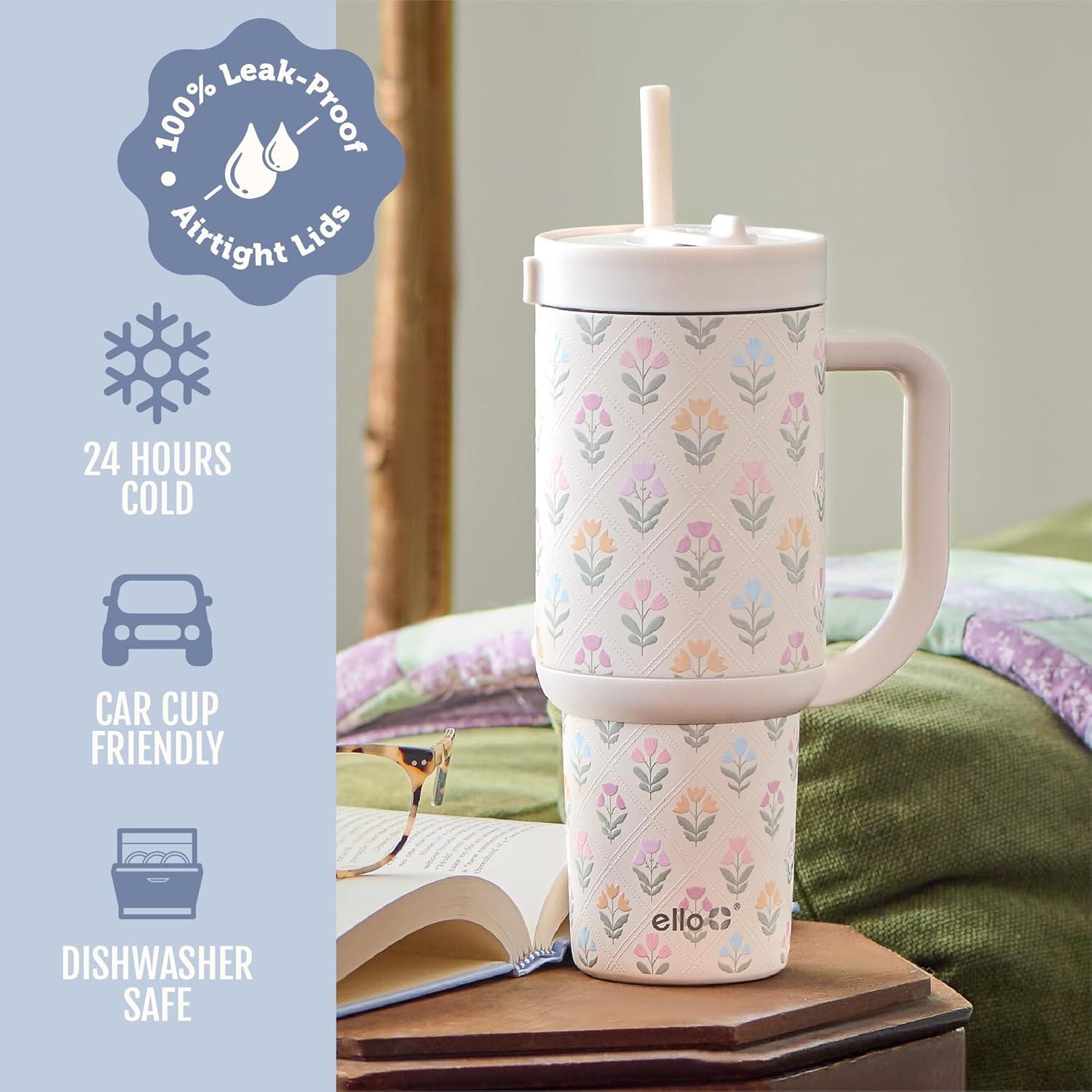imageEllo Oasis 30 oz Tumbler with Handle ampamp Retracting Straw Reusable Insulated Stainless Steel Cup 100 Leakproof Gifts for Teens Women Men Keeps cold for 24 Hours Cup Holder Friendly Sunrise GlowFlower Quilt