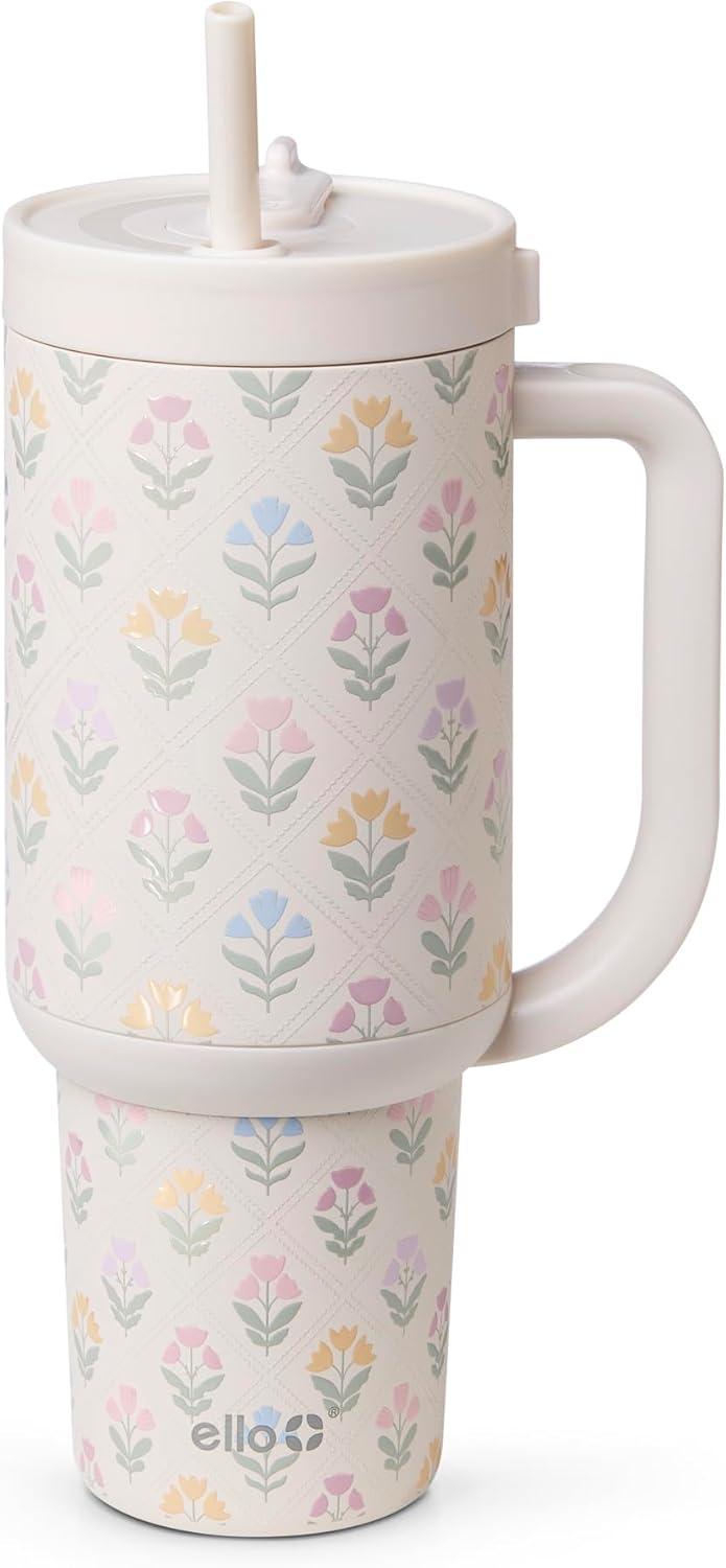 imageEllo Oasis 30 oz Tumbler with Handle ampamp Retracting Straw Reusable Insulated Stainless Steel Cup 100 Leakproof Gifts for Teens Women Men Keeps cold for 24 Hours Cup Holder Friendly Sunrise GlowFlower Quilt