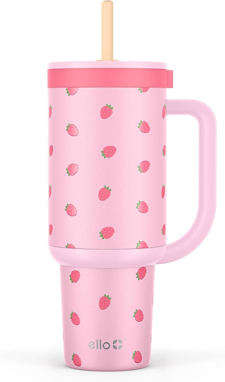 imageEllo Oasis 30 oz Tumbler with Handle ampamp Retracting Straw Reusable Insulated Stainless Steel Cup 100 Leakproof Gifts for Teens Women Men Keeps cold for 24 Hours Cup Holder Friendly Sunrise GlowStrawberries