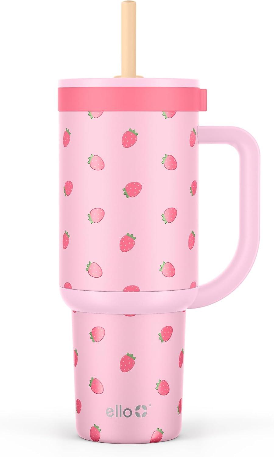 imageEllo Oasis 30 oz Tumbler with Handle ampamp Retracting Straw Reusable Insulated Stainless Steel Cup 100 Leakproof Gifts for Teens Women Men Keeps cold for 24 Hours Cup Holder Friendly Sunrise GlowStrawberries
