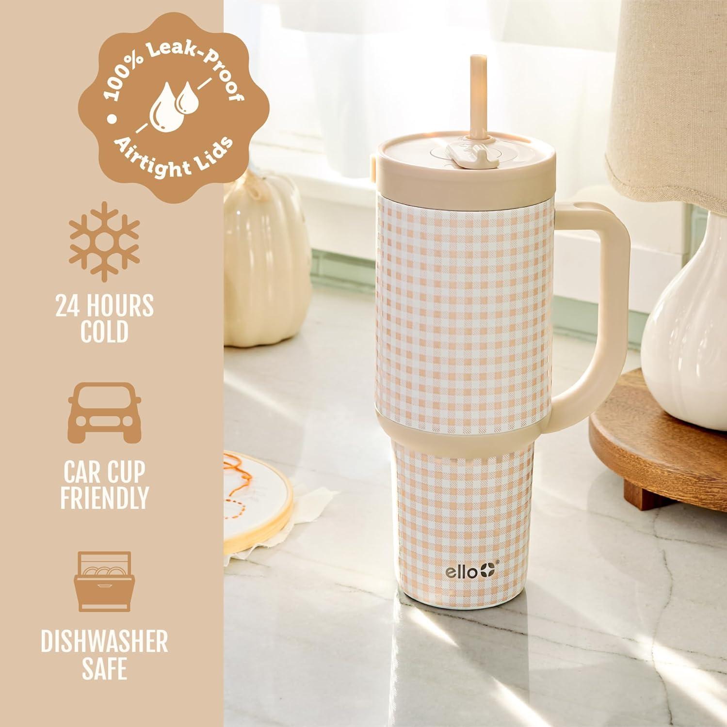 imageEllo Oasis 30 oz Tumbler with Handle ampamp Retracting Straw Reusable Insulated Stainless Steel Cup 100 Leakproof Gifts for Teens Women Men Keeps cold for 24 Hours Cup Holder Friendly Sunrise GlowBeige Gingham